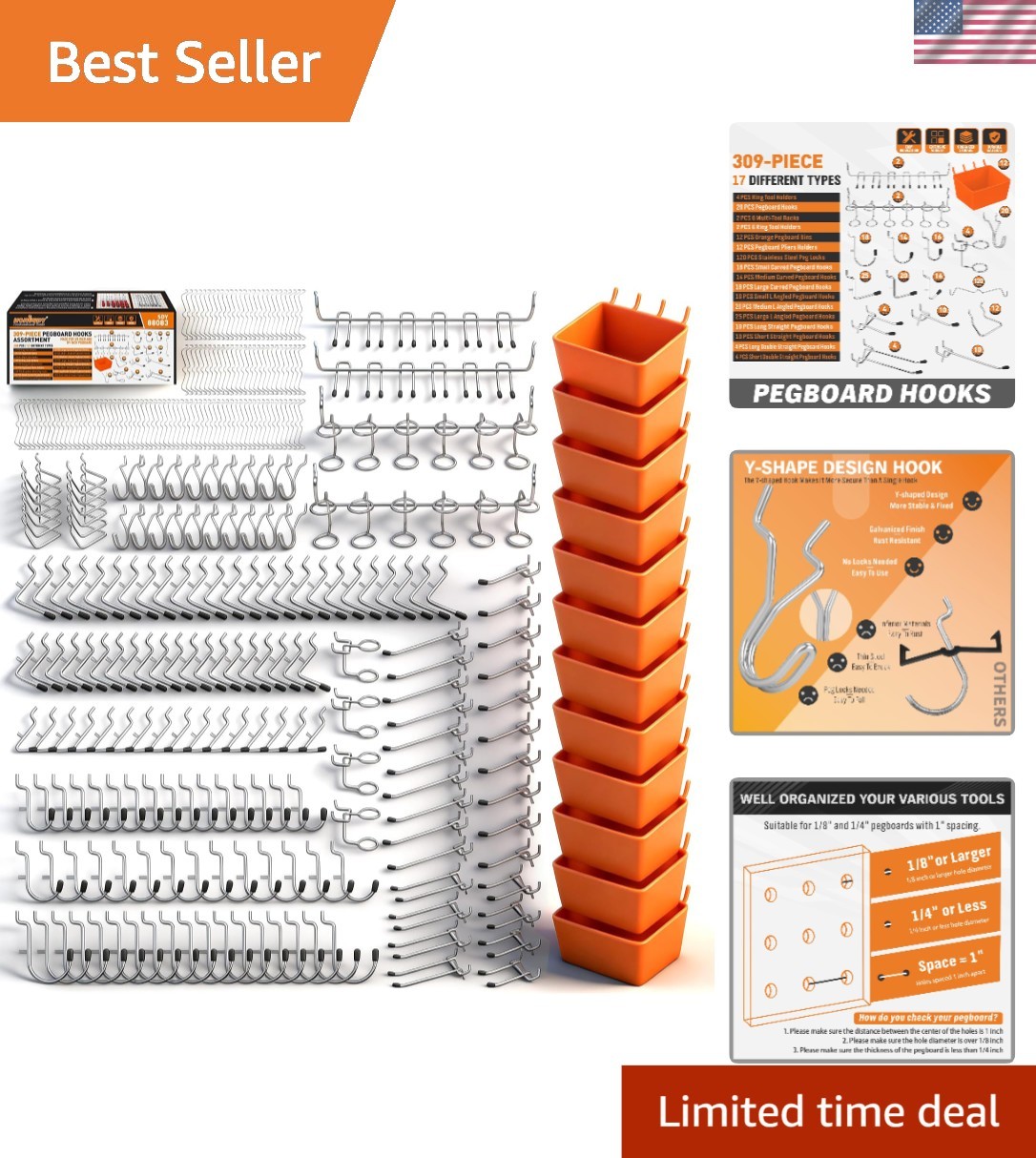 Heavy-Duty Pegboard Hooks Assortment – 309 PCS Organizer for Clutter-Free Spaces