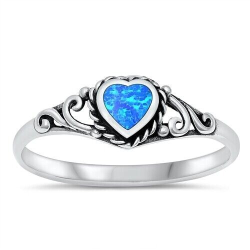 Heart Ring Genuine Sterling Silver 925 Blue Lab Opal 6 mm Sizes 4 - 10