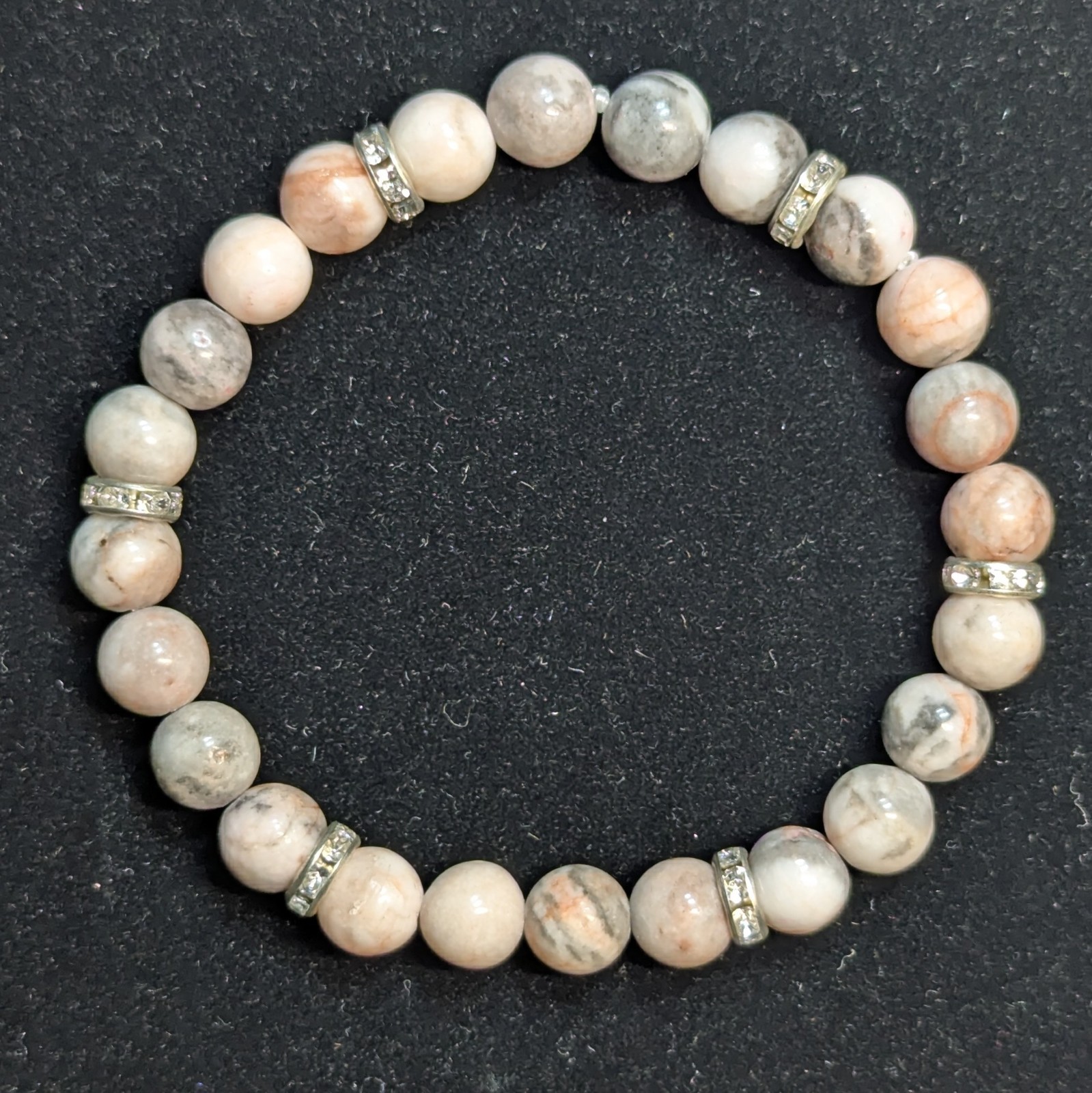 Pink Jasper Stretch Bracelet with Silvertone Rhinestone Accents