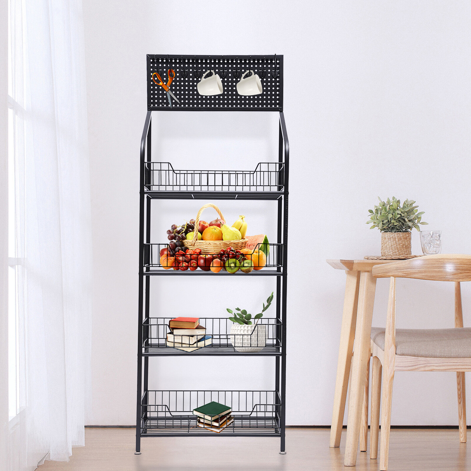 4-Tier Metal Baker's Rack With Locking Wheels, Wine Rack & 5 Hooks