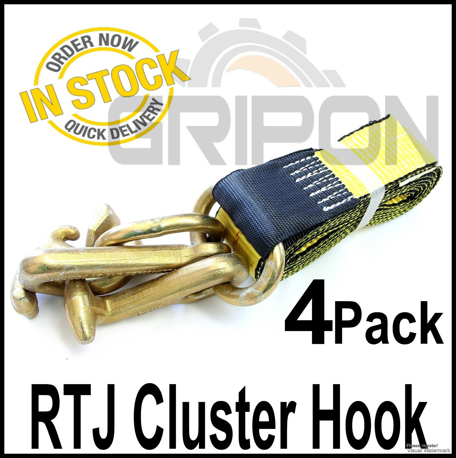 GRIPON 4x RTJ Cluster Hook with Straps 8' Towing Auto Tie Down Lift Recovery