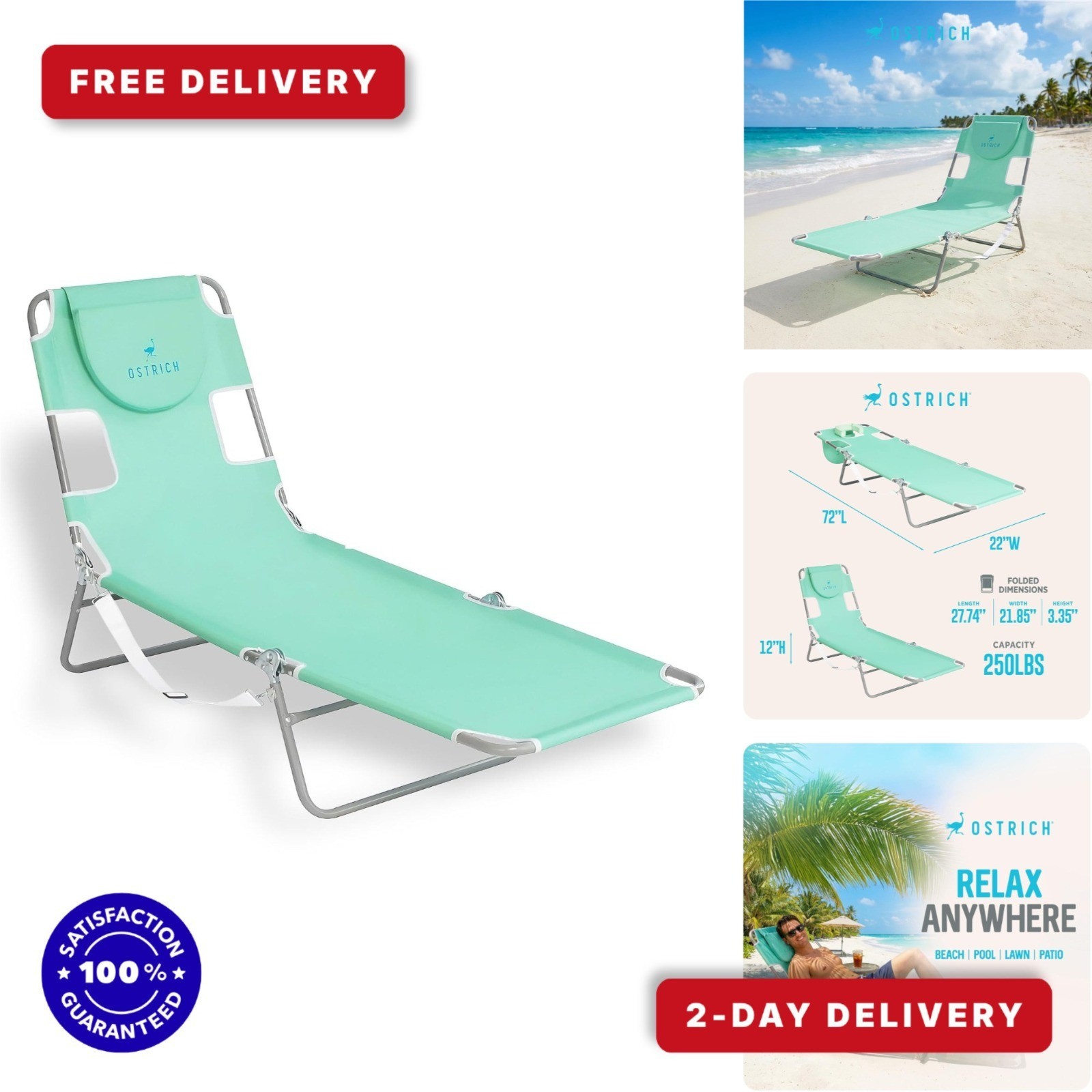 Ostrich Portable Reclining Chaise Lounge 4-Position Outdoor Beach Chair