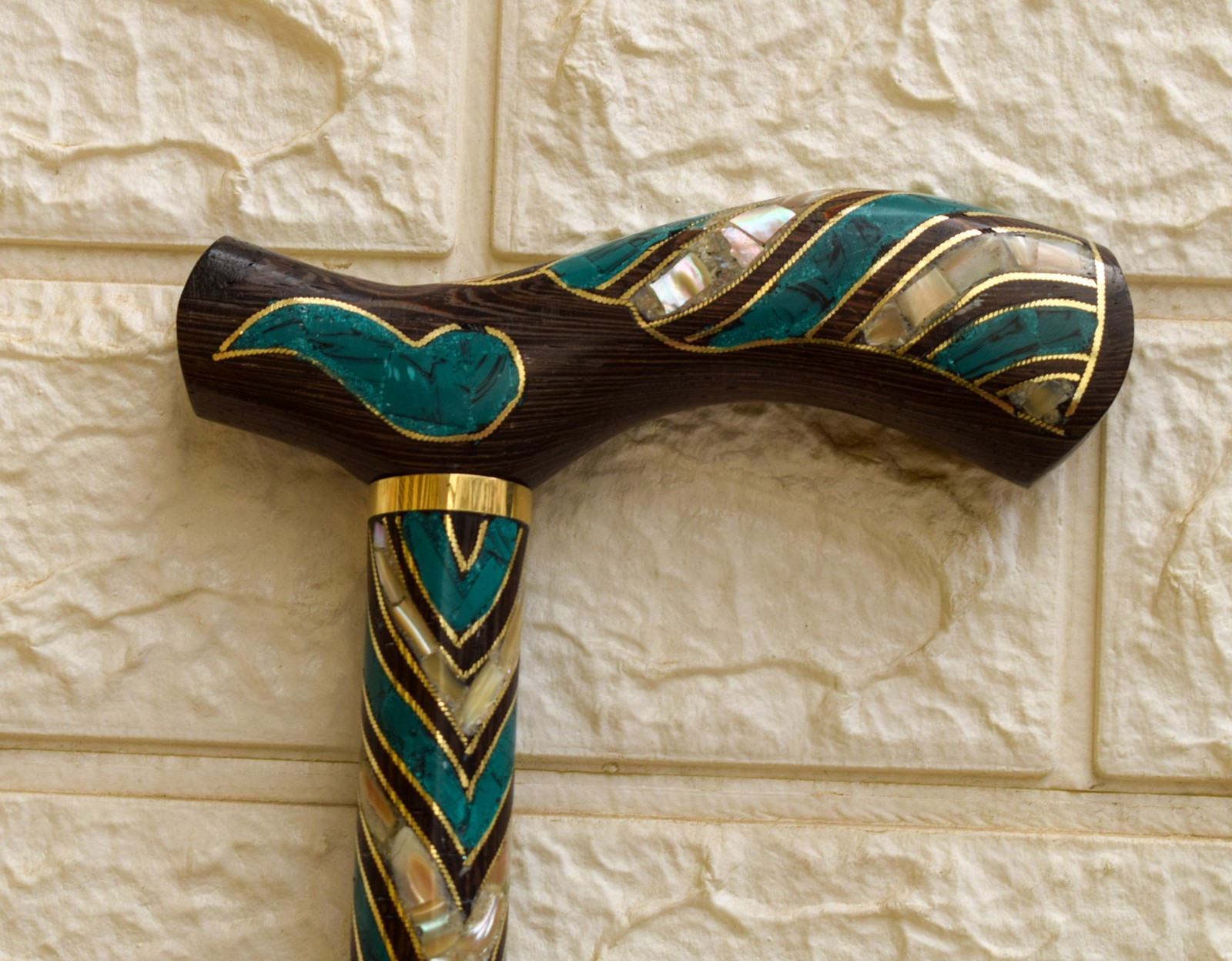 Luxury Malachite & Mother of Pearl Walking Cane – Handmade Wooden Walking Stick