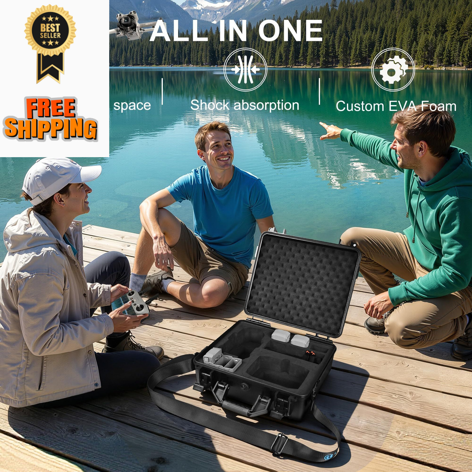 Lekufee Waterproof Hard Carrying Case for DJI 13.3 x 5 x 12.4 inches, Black
