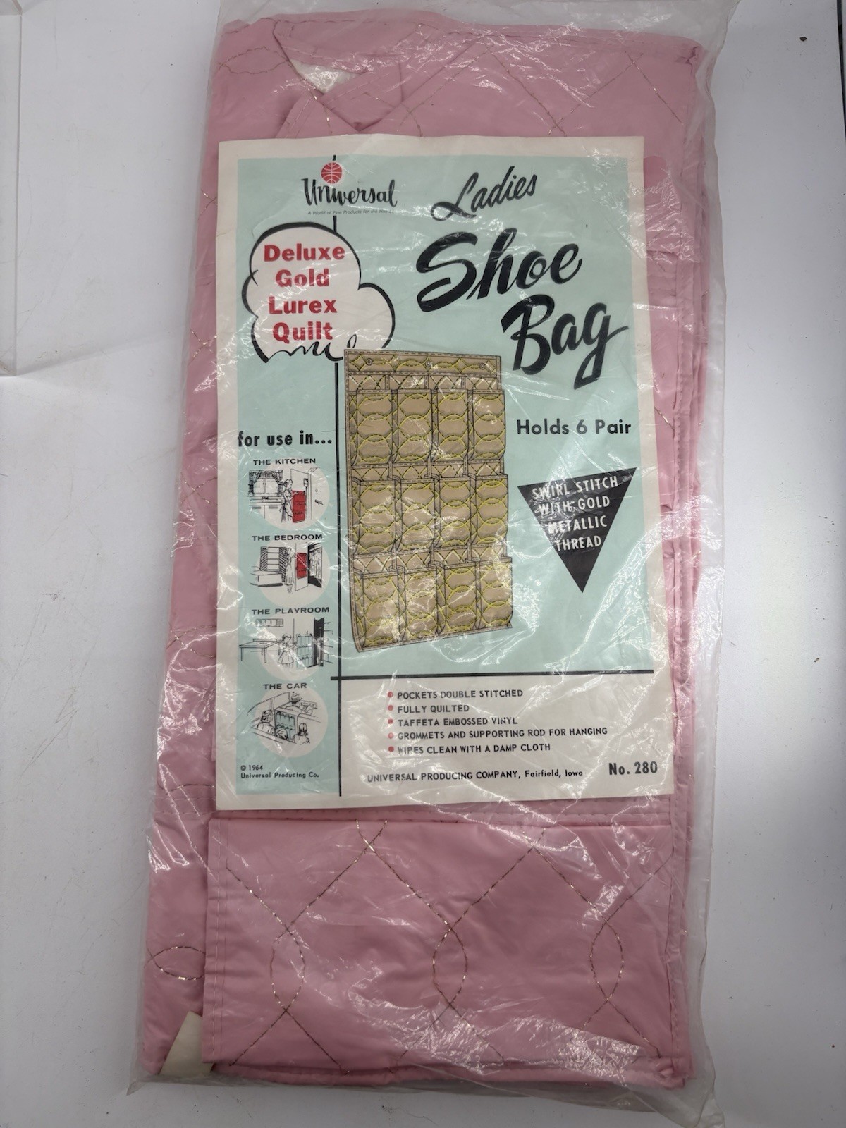 Vintage Universal Shoe Bag Gold Pink Quilted 1964 Holds 6 Pair Brand New