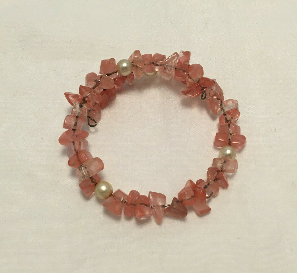 Tumbled Single Strand Pink Quartz Bead Chip Nugget Wire Bracelet