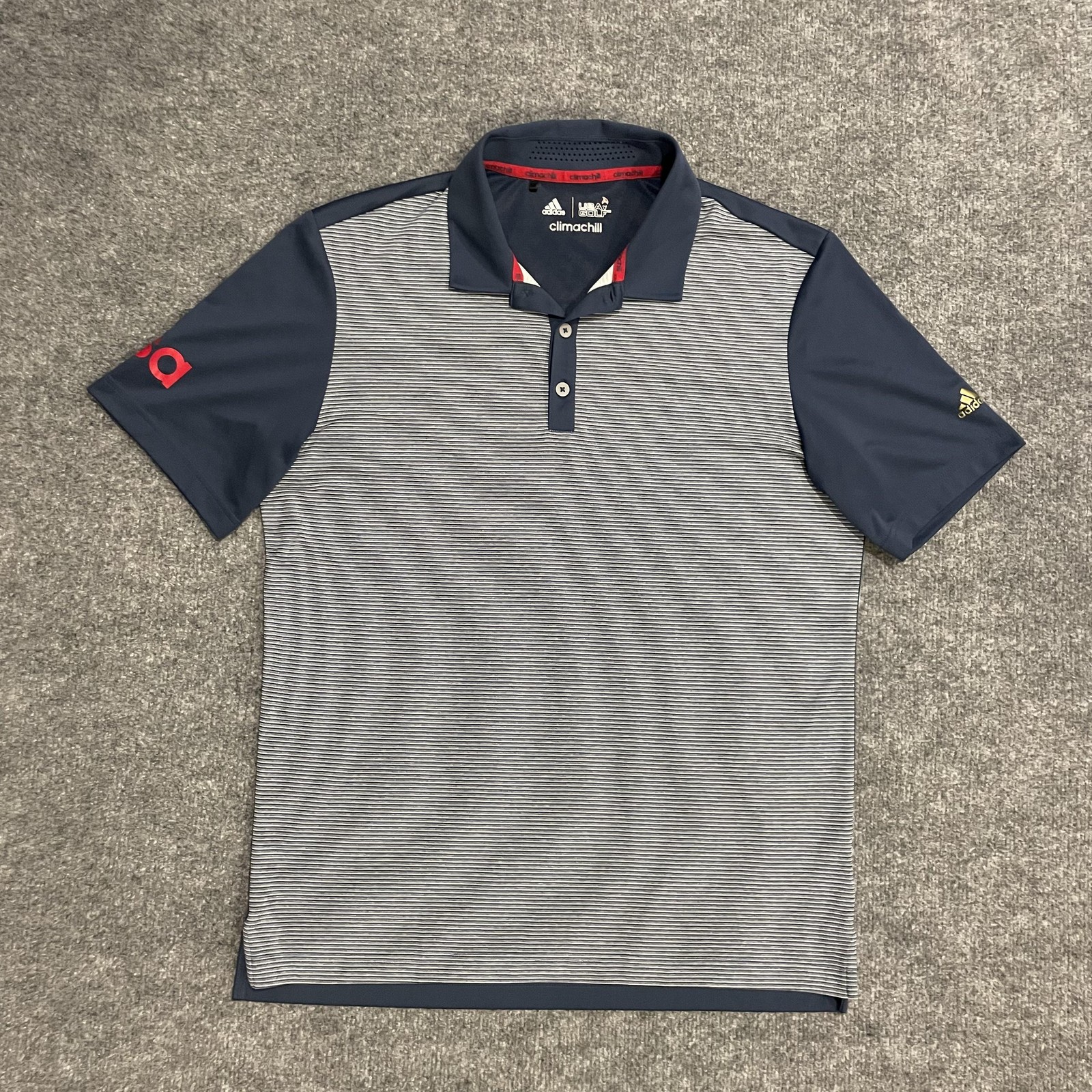 USA Golf Adidas Climachill Polo Shirt Mens M Navy Blue Striped Short Sleeve Team