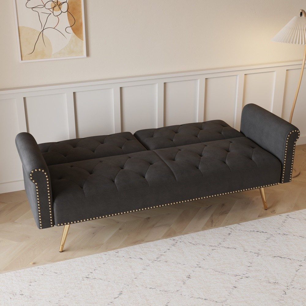 69.7" Velvet Black Sofa Bed - Nail Head Trim + Matching Throw Pillow