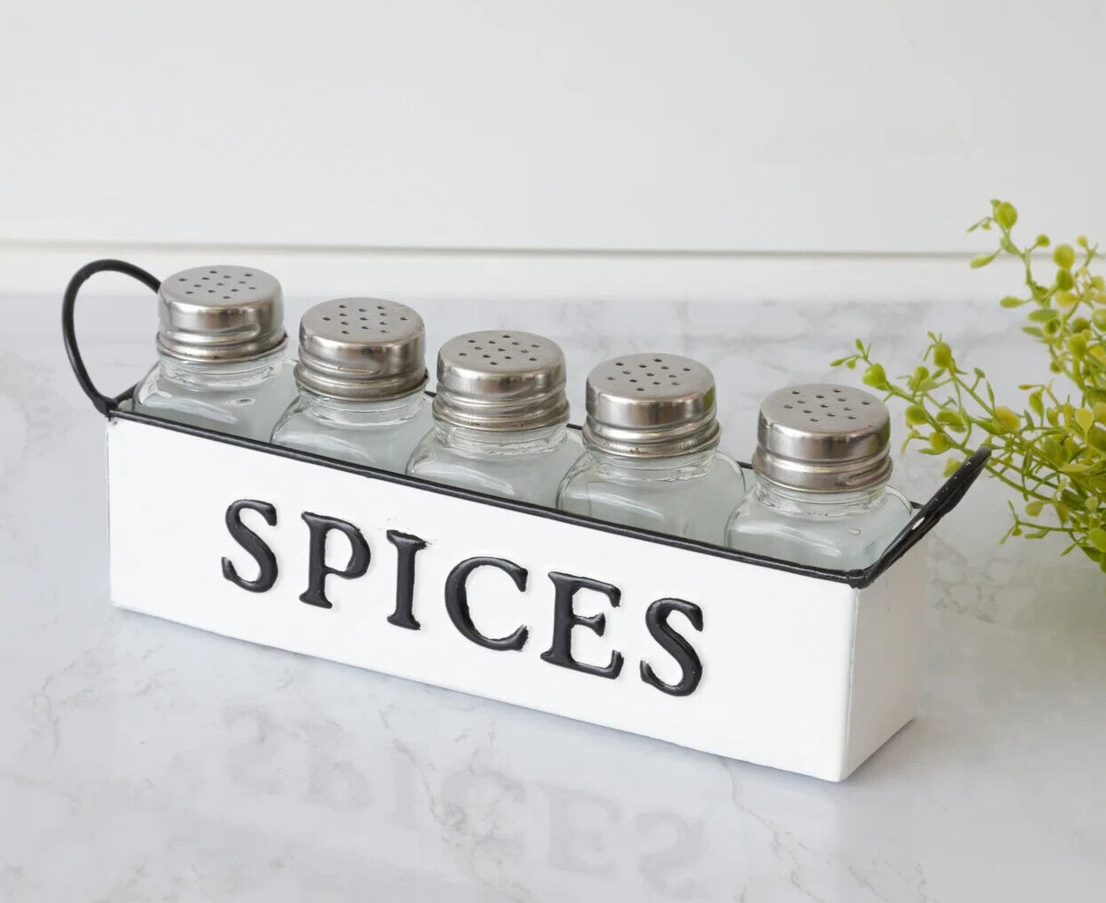 NEW Shabby SPICES TRAY White Metal Cottage 3.5"H x 10.5W Handles Tabletop Farm
