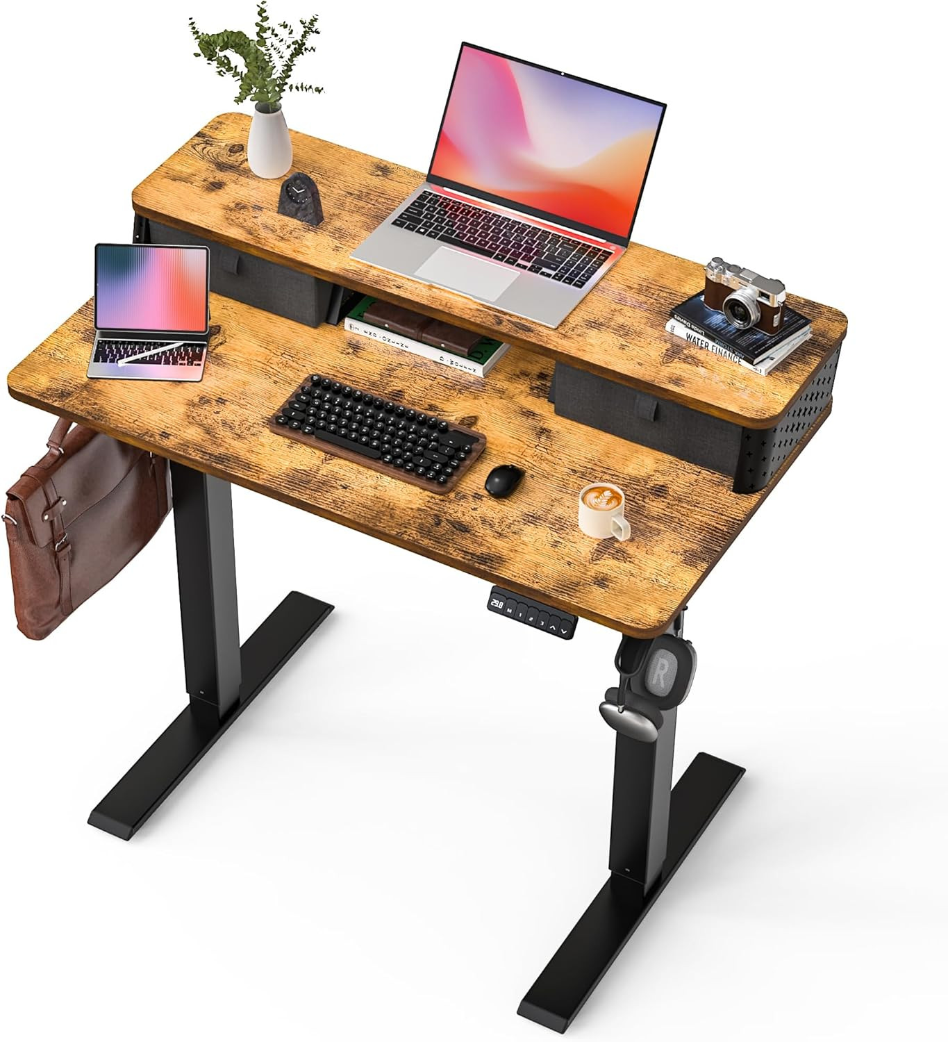 Electric Adjustable Standing Desk with Double Drawers - Rustic Brown 35x20 Inch