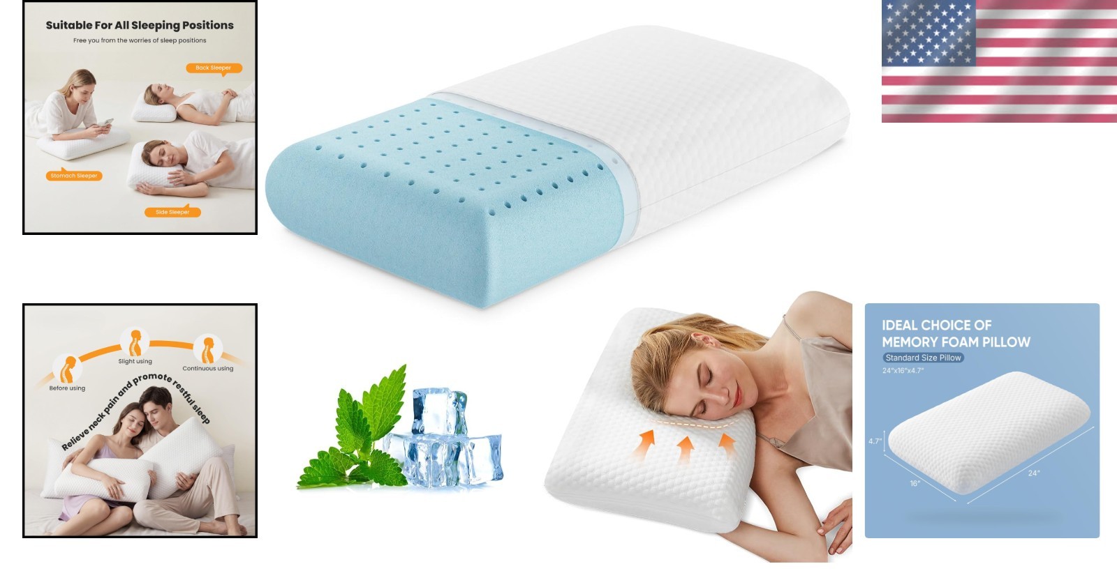 Cooling Memory Foam Pillow with Pillowcase - Neck Support for Side Sleepers