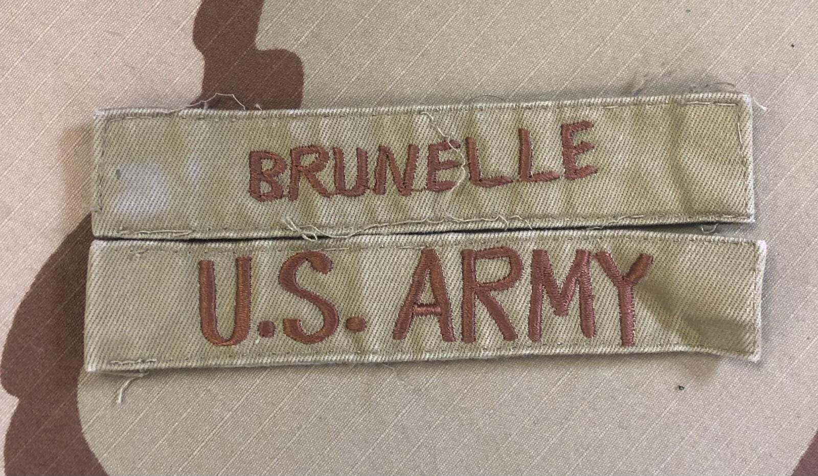 VINTAGE NAME TAPE "BRUNELLE" US ARMY TAGS DESERT STORM IN COUNTRY MADE