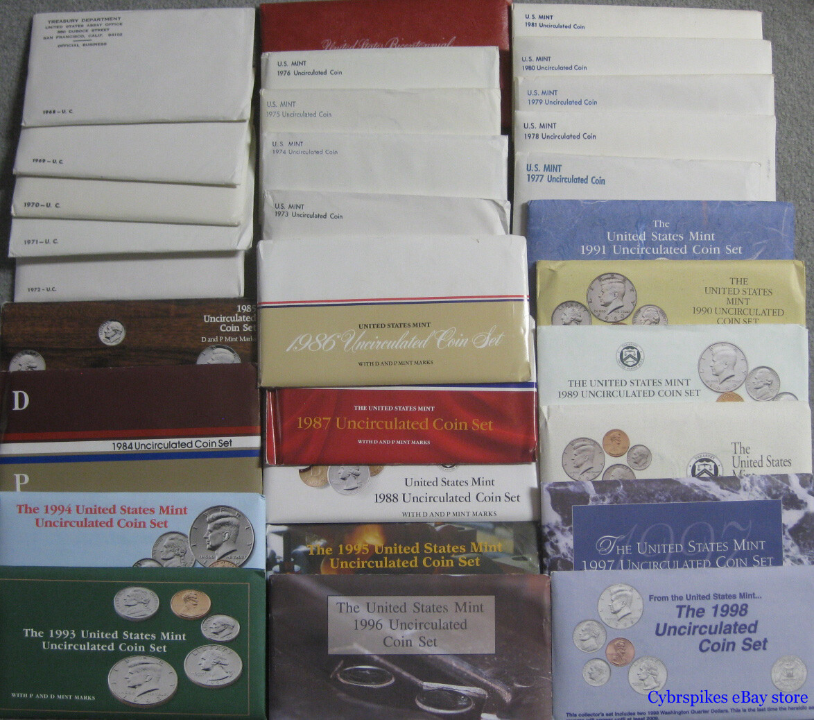 1965-7 sms 1968 thru 1998 Run of 33 Government Issued Mint Sets with 1976 Silver