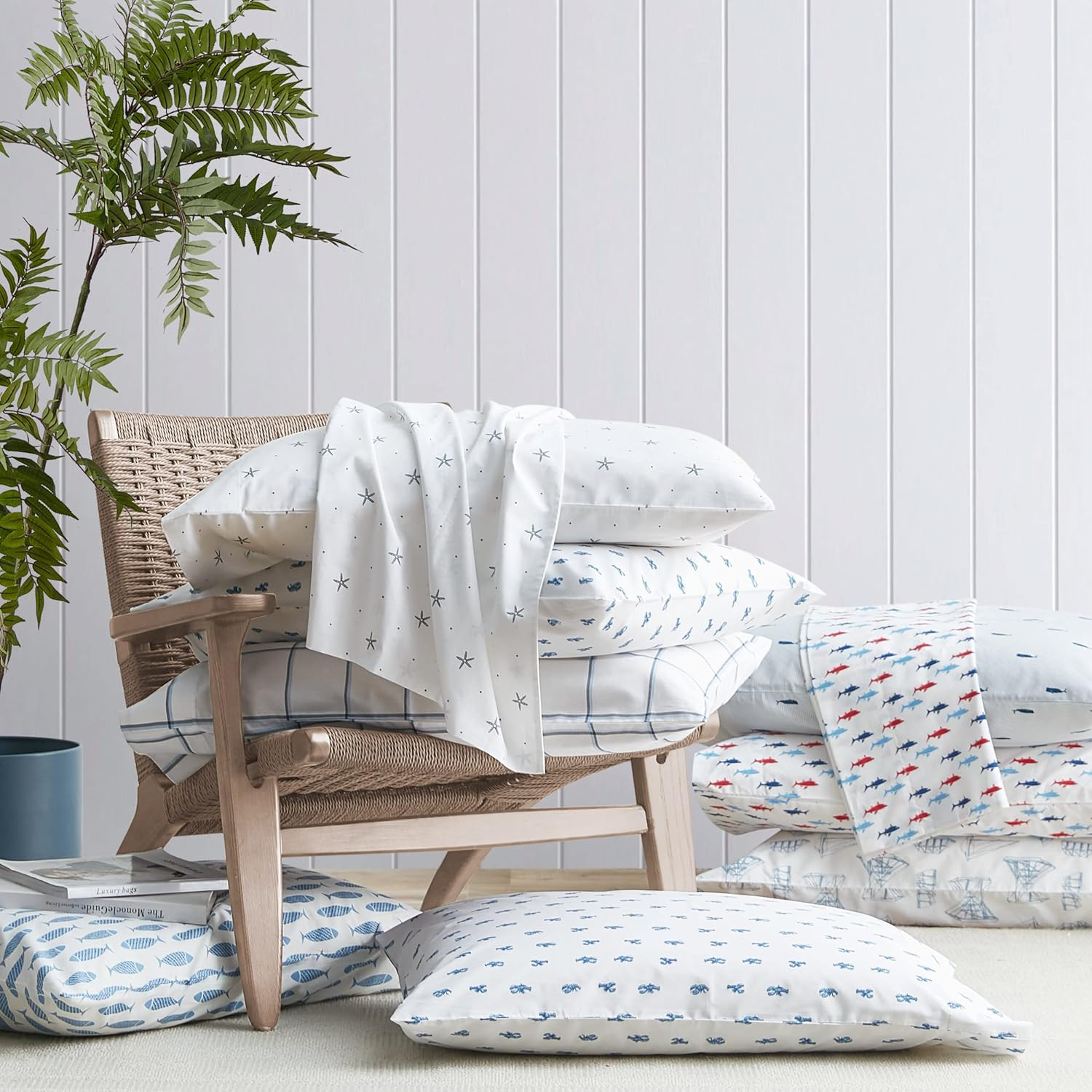 - King Size Sheets, Cotton Percale Bedding Set, Crisp & Cool, Coastal Home Decor