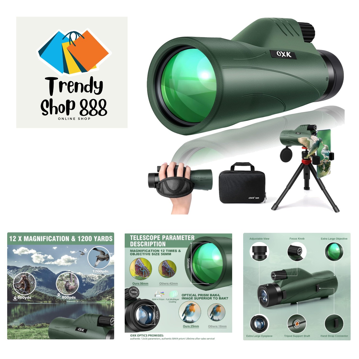 12x56 High Power Monocular with Smartphone Adapter & Adjustable Tripod for Ou...