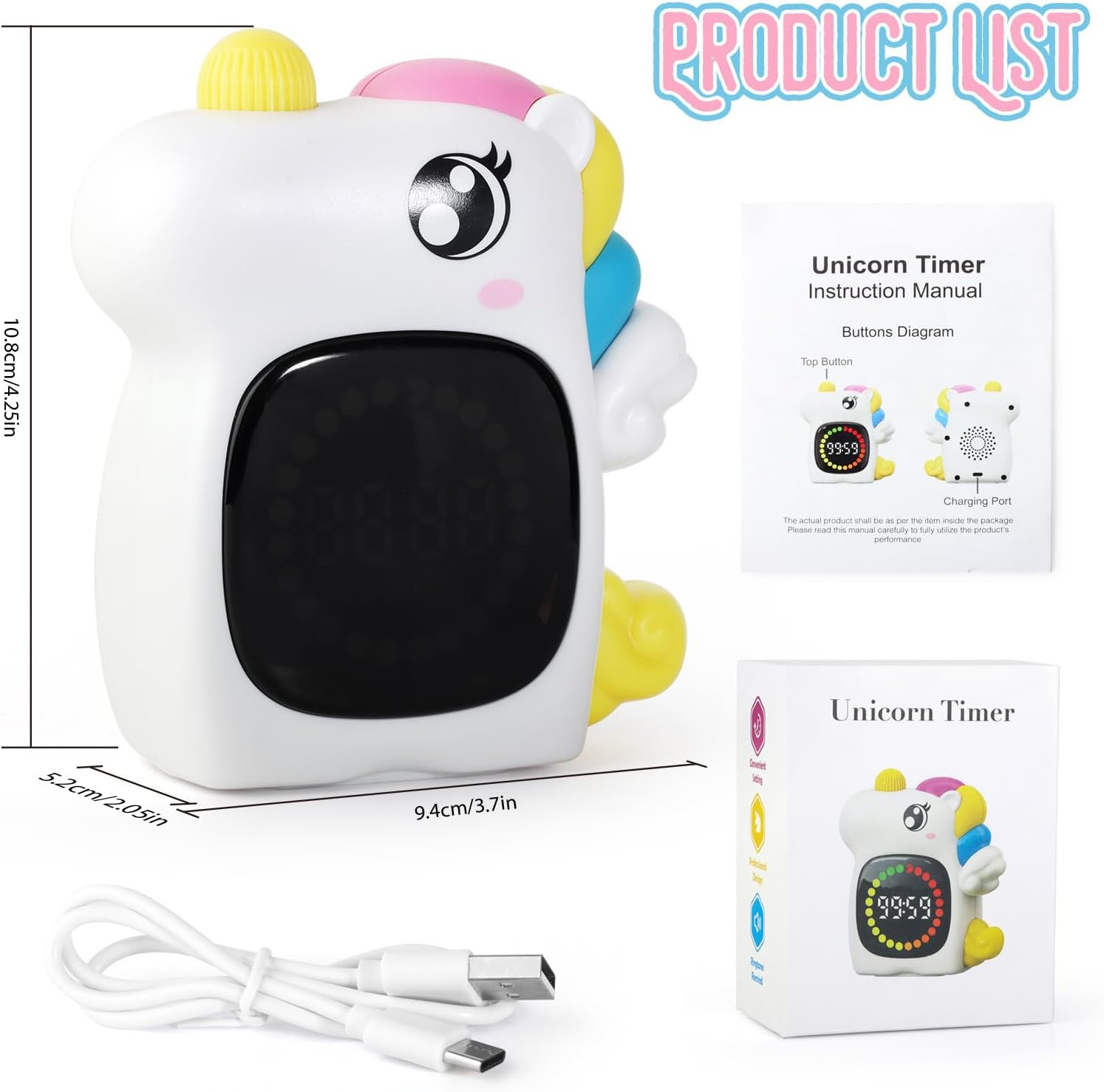Unicorn Visual Timer for Kids, Rechargeable 99:59 Digital Countdown Potty Timer,