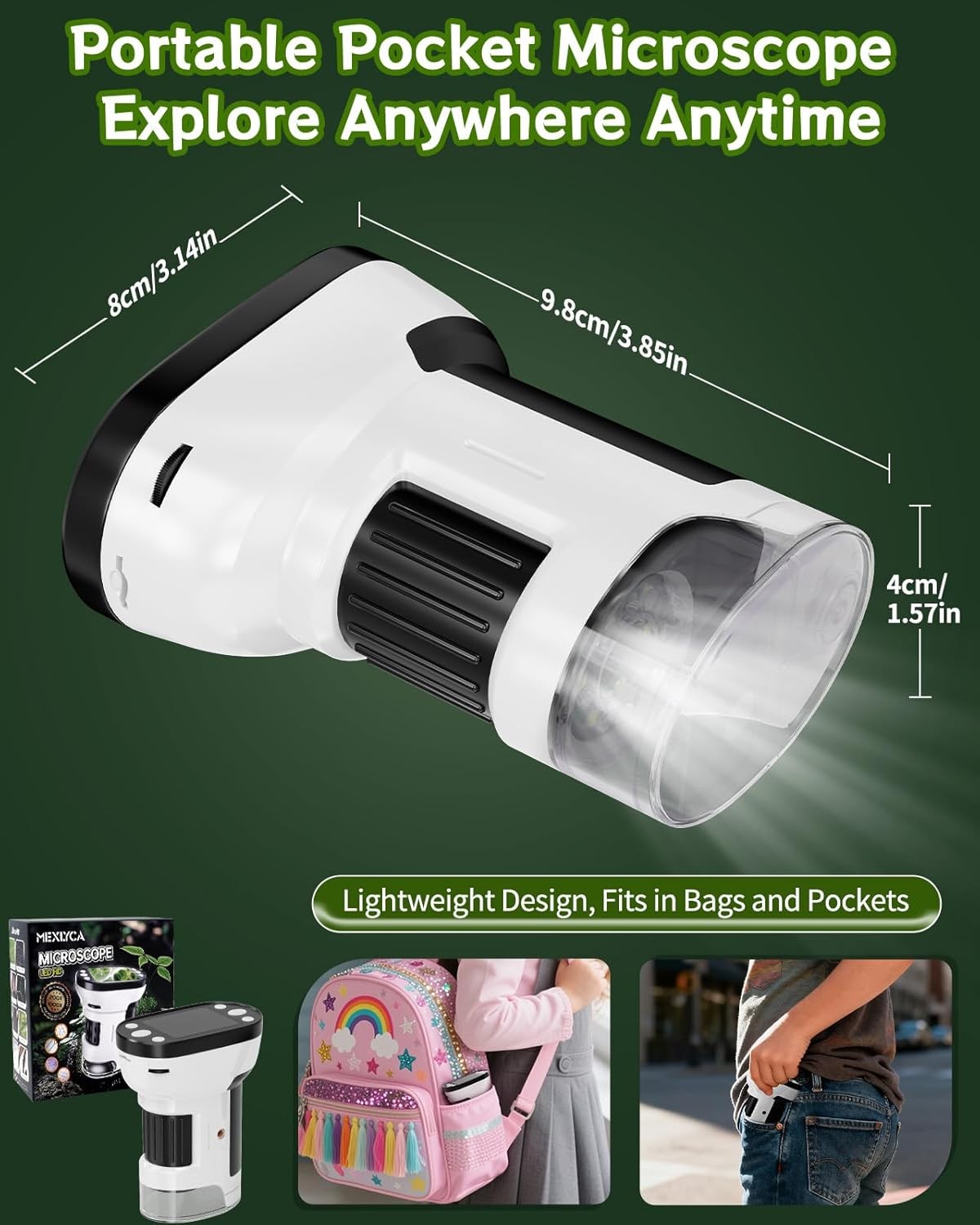 1000X Handheld Microscope for Kids, 2.0" Screen Pocket Microscope, Adjustable LE