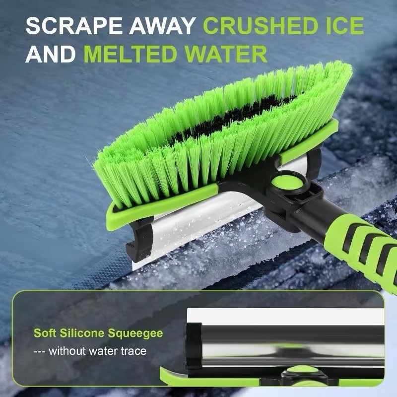 3-in-1 Snow Brush, Ice Scraper, Squeegee, 180° Head, Extendable Handle, Green