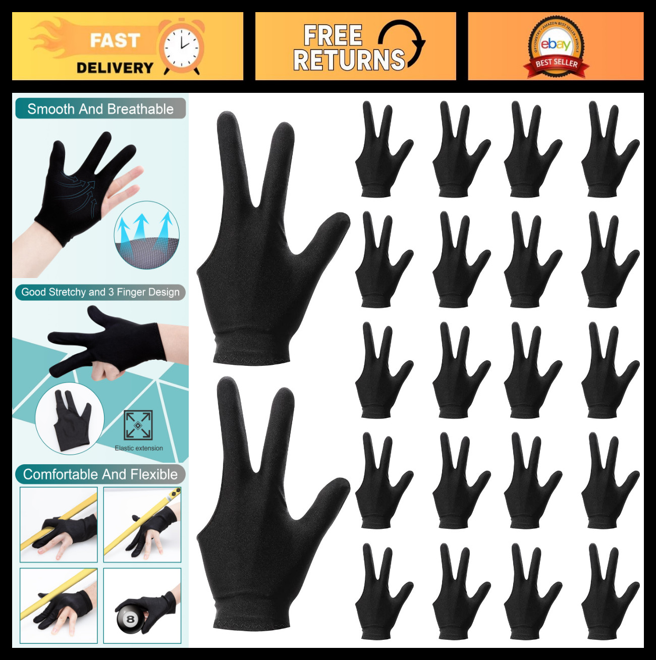 Three Finger Billiard Gloves for Pool Shooting - Unisex Sport Gloves, Left & Rig