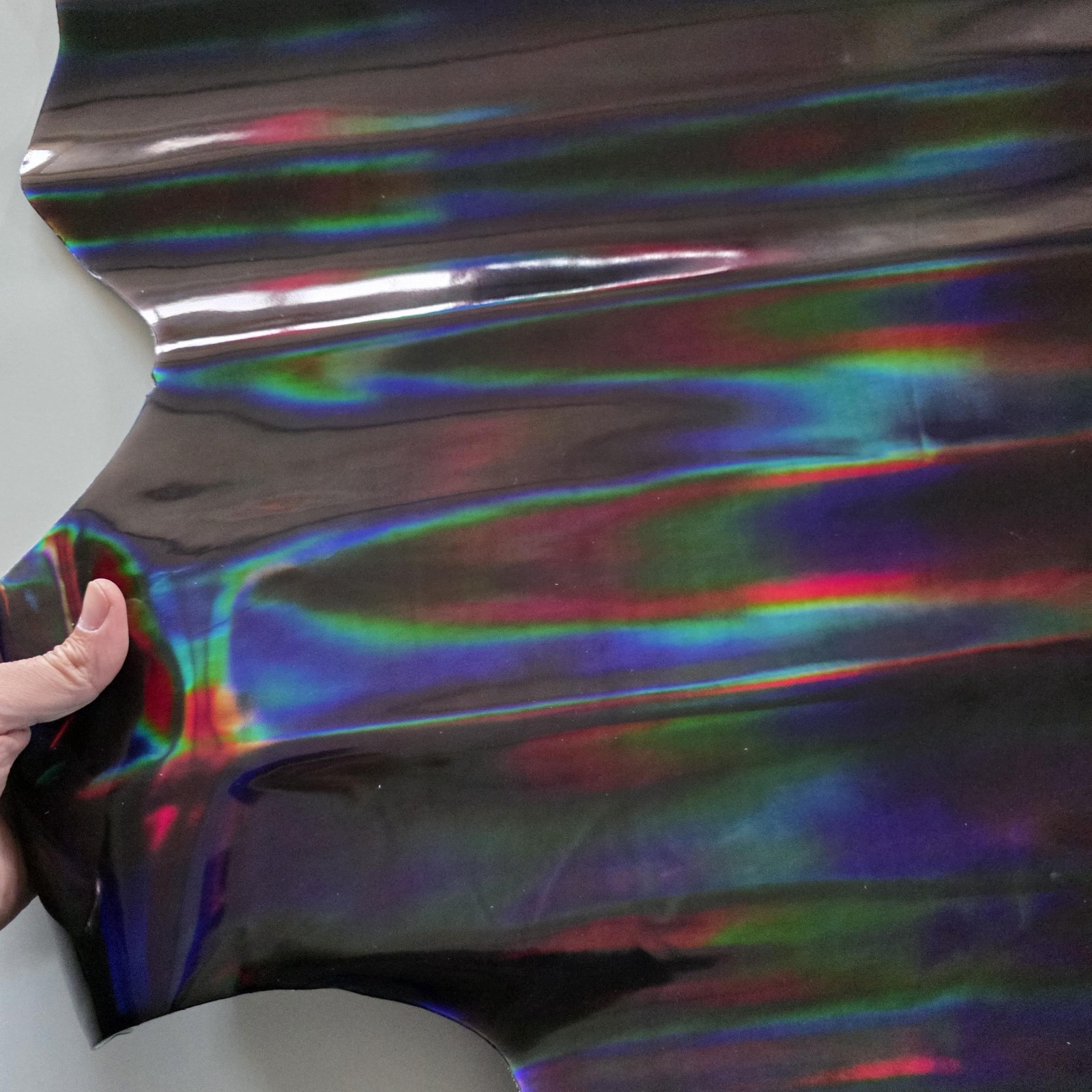 Color Black Iridescent Cow Patent Leather: Holographic Rainbow Glossy Metallic
