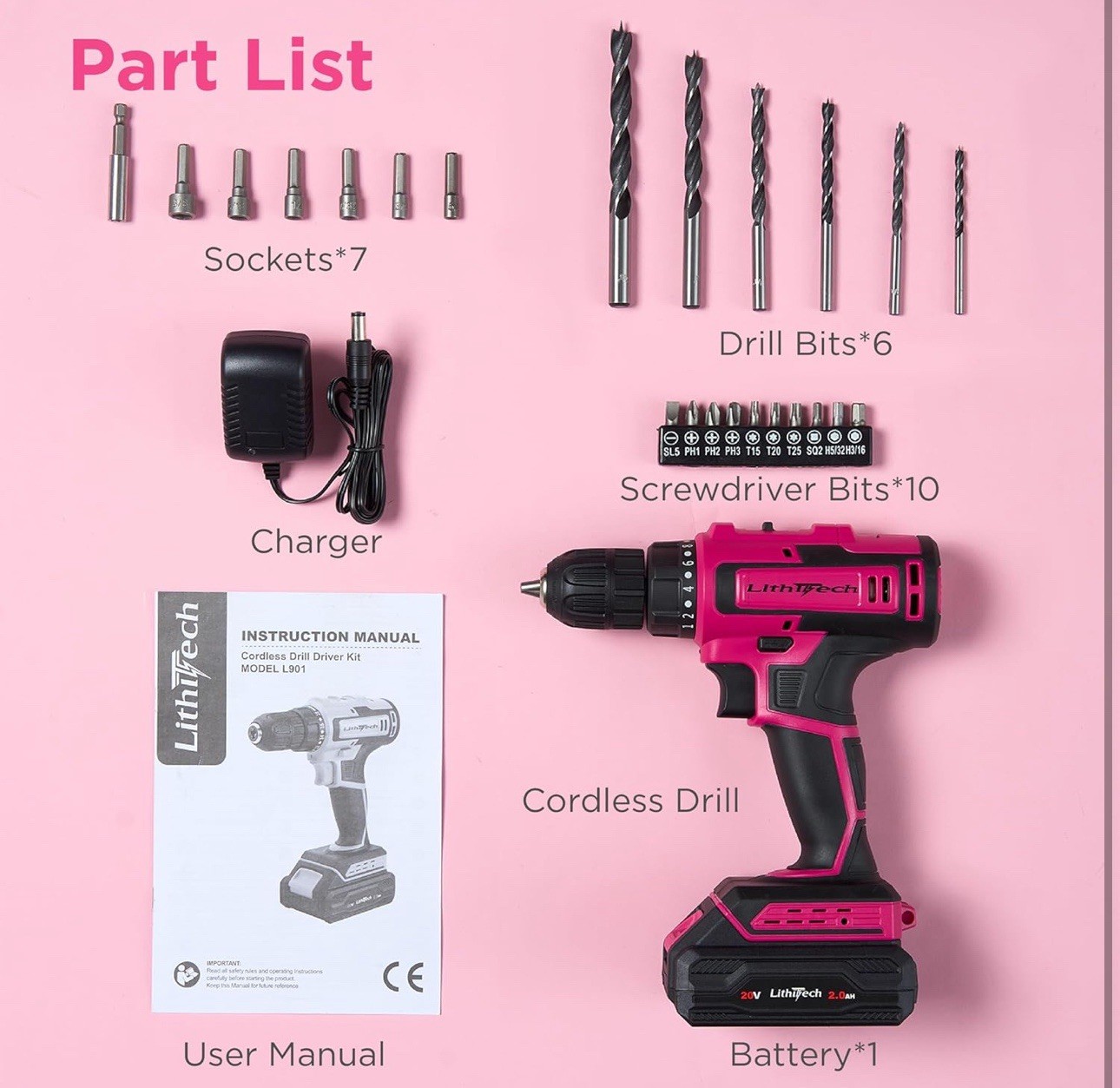20V Pink Cordless Drill Set