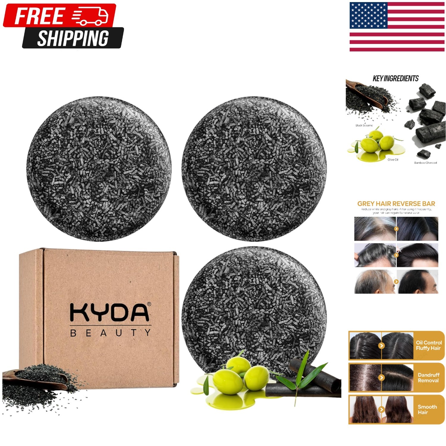 3Pcs Gray Hair Reverse Bar Soap, Black Shampoo Bar for Hair and Beard Darkening