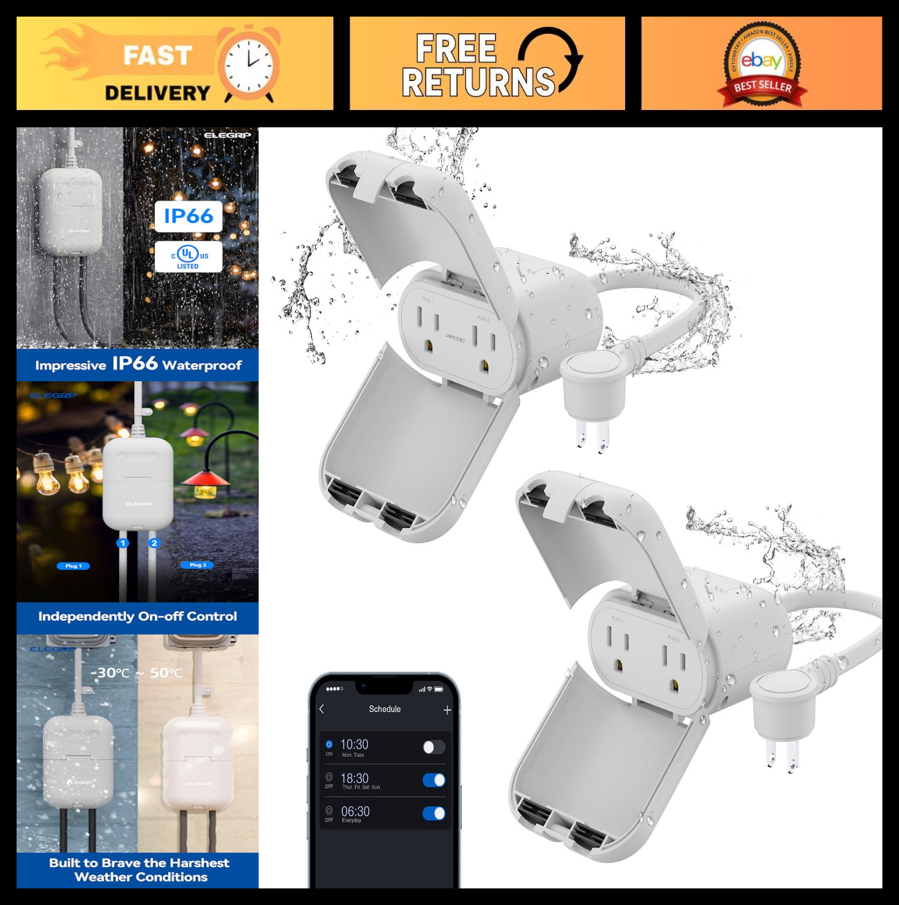 Outdoor Smart Plug Waterproof IP66, WiFi Dual Socket, Alexa & Google Assistant C