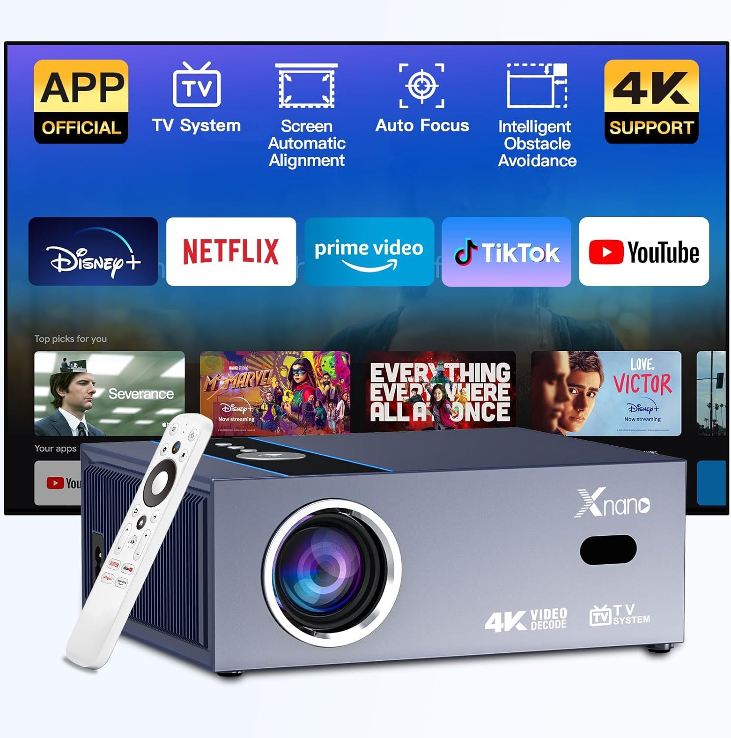 Smart Projector w/ Dolby & 4K Support, Licensed Apps & AI Autofocus Wifi6, BT5