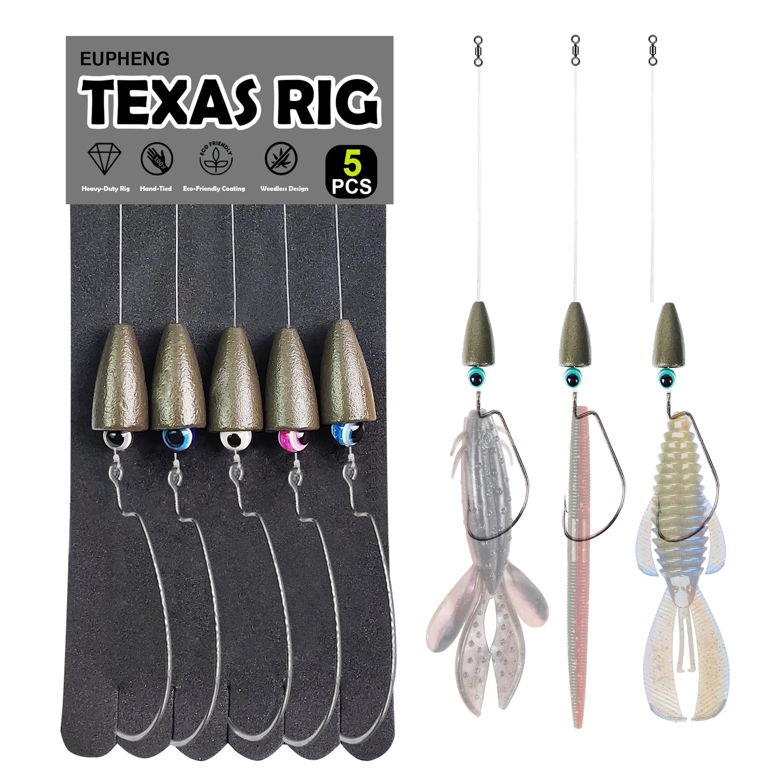 Eupheng Texas Rigs for Bass #1/0 Hooks-3/16 oz Weight-5pcs, Greenish-brown