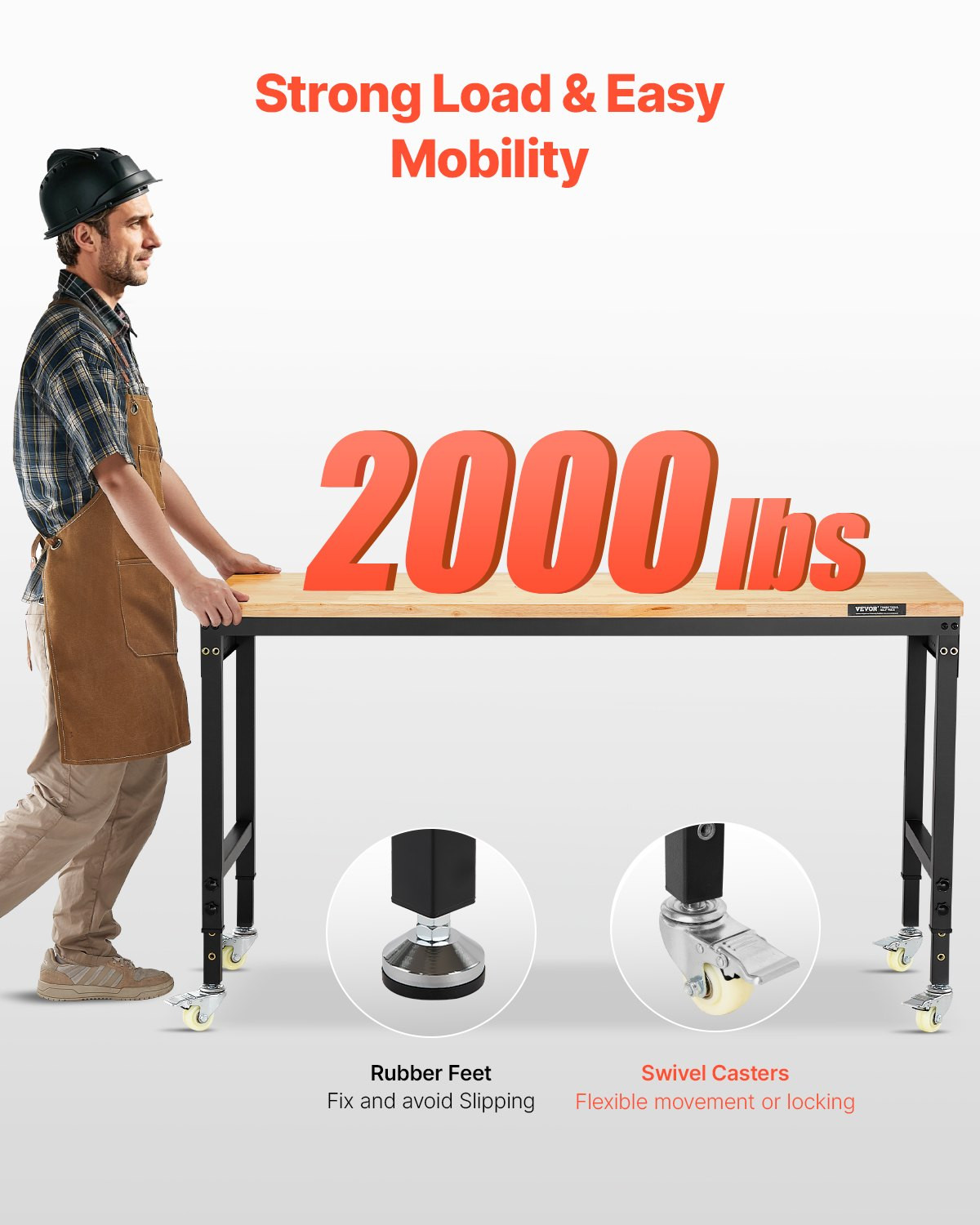 60" Workbench on Wheels Adjustable Height Table with Power Outlet & Pegboard