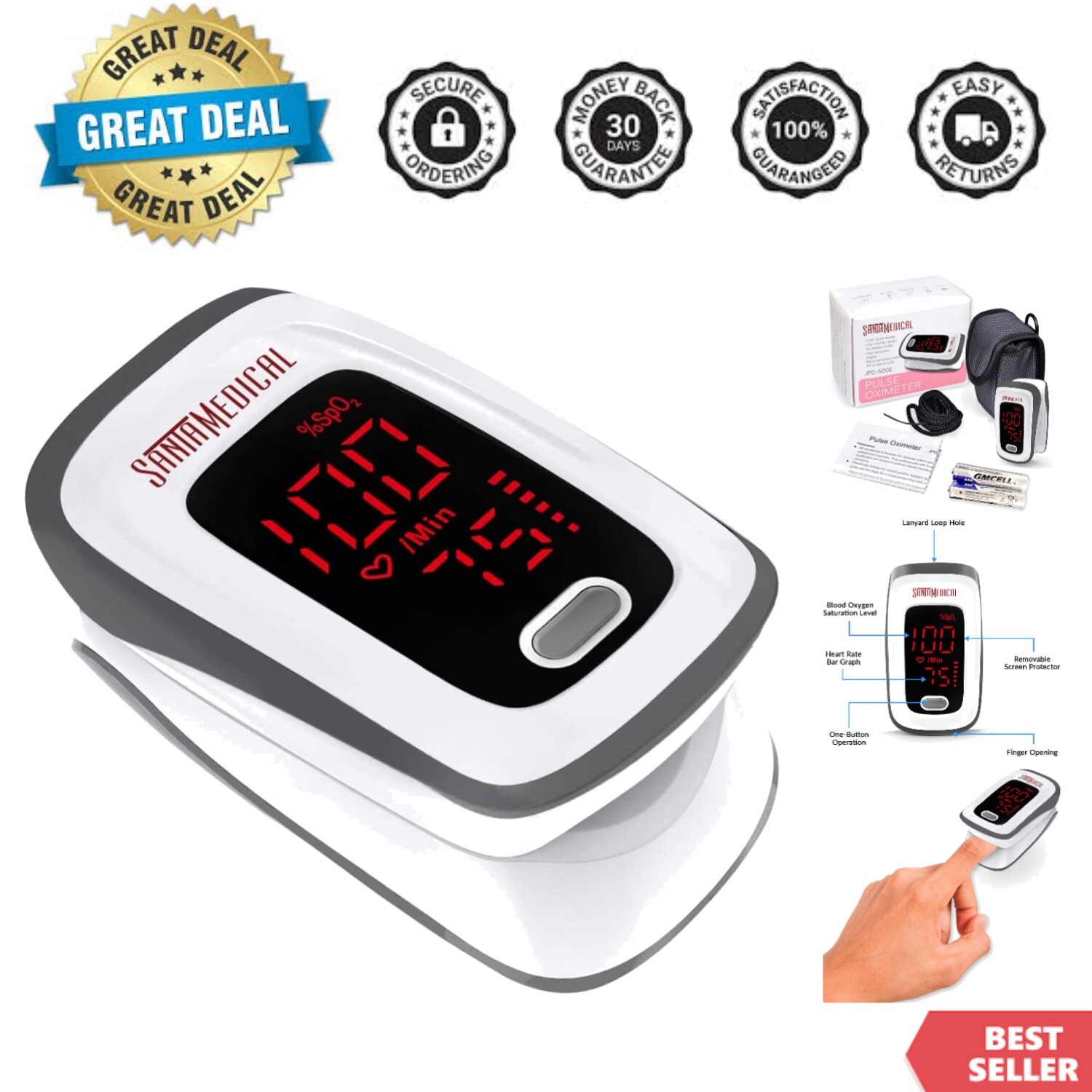 Fingertip Pulse Oximeter, Blood Oxygen Saturation Monitor SpO2 with Pulse Rat...