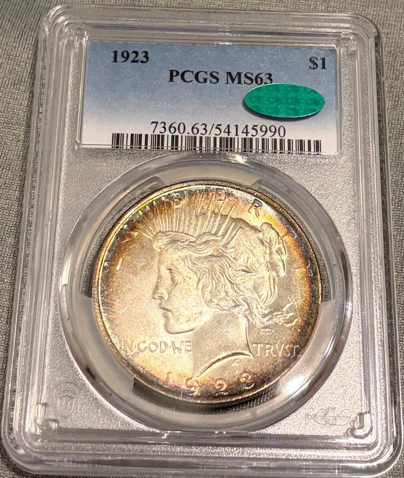 1923 Peace Dollar  PCGS MS 63  Rainbow Album Toned & Very Tough w/ Nice Color