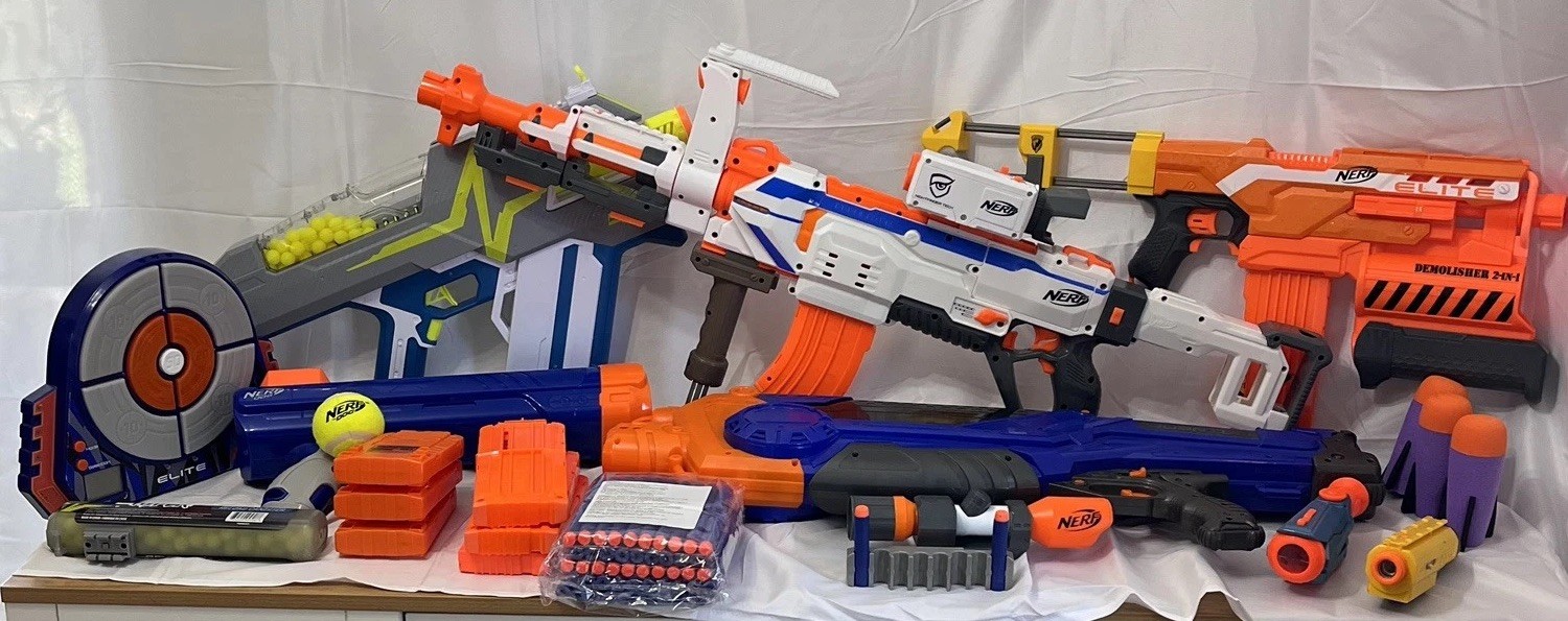 NERF READY TO PLAY LOT Fully Automatic Blasters Attachments Target Darts Modulus