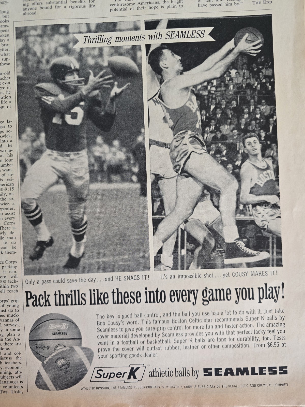 1962 Super K seamless football basketballBob Cousy vintage Sports Ad