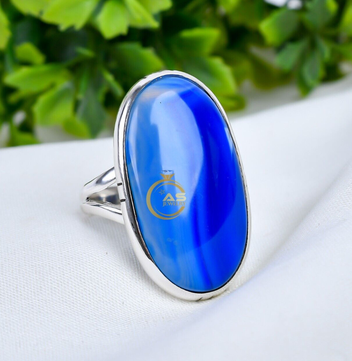 Blue Banded Agate Ring 925 Sterling Silver Statement Boho Rings Gift for Her