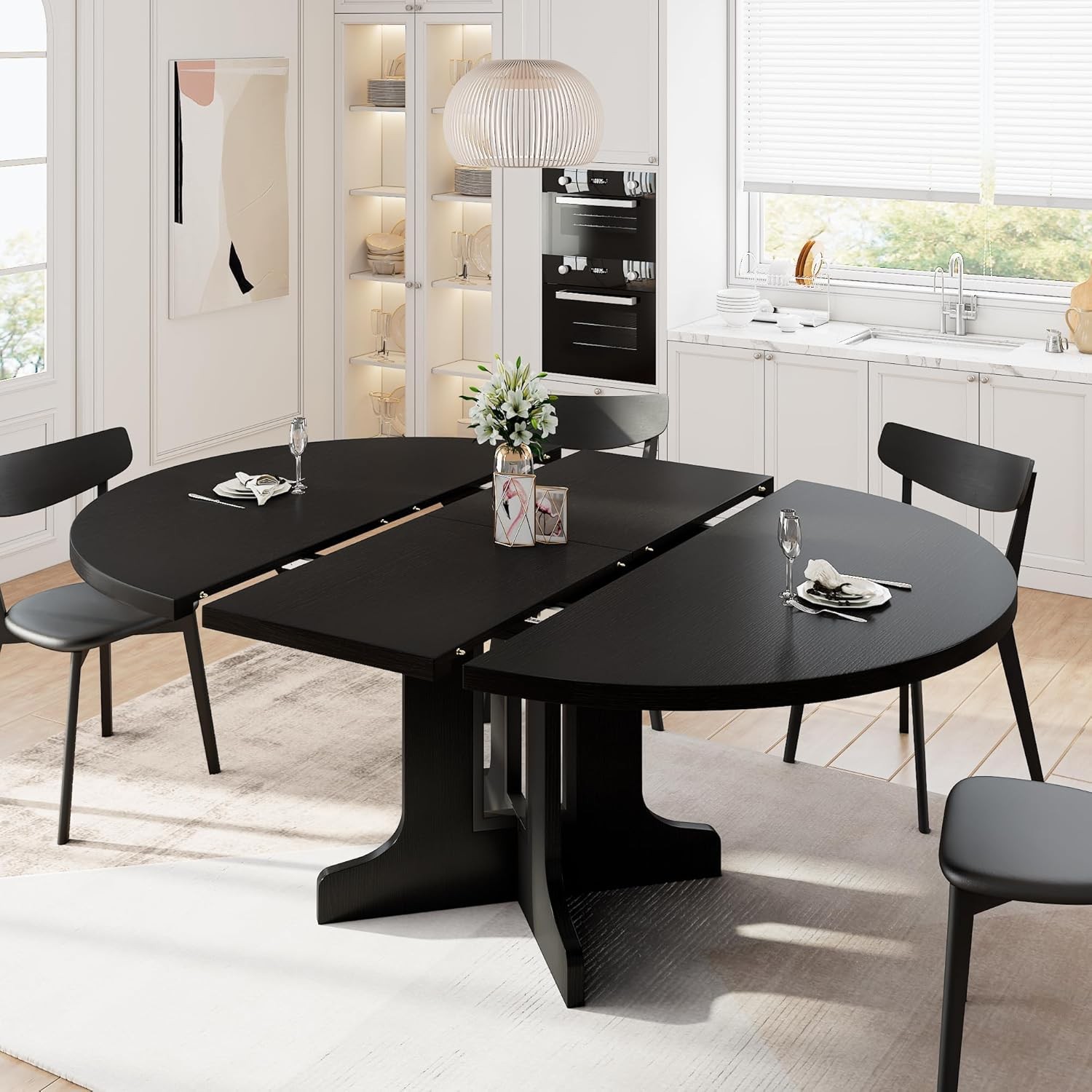 59" Extendable Round Dining Table for 4-6, Modern Kitchen Table with Heavy Duty