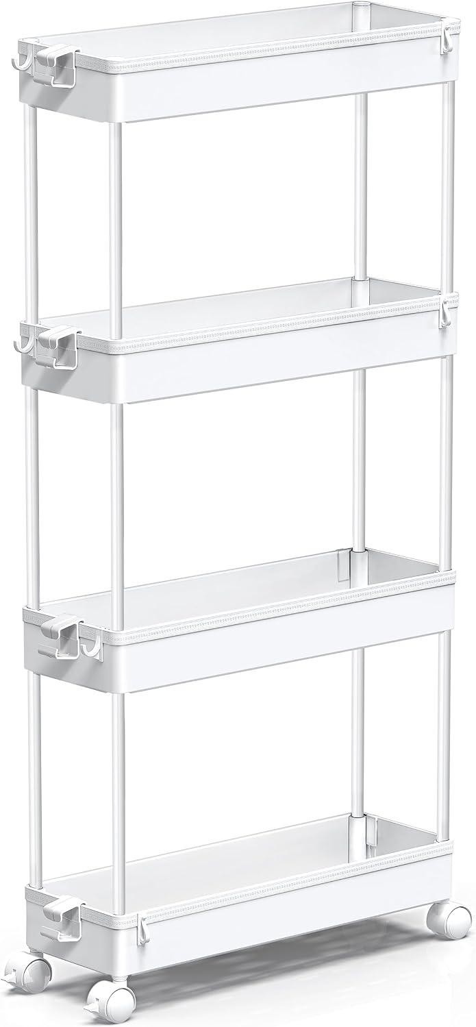 Slim Rolling Storage Cart 4 Tier Bathroom Organizer Mobile Shelving Unit