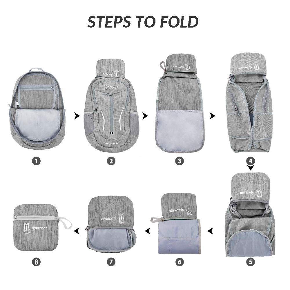 25L Ultra Lightweight Packable Backpack Foldable Hiking Daypack Silver Gray