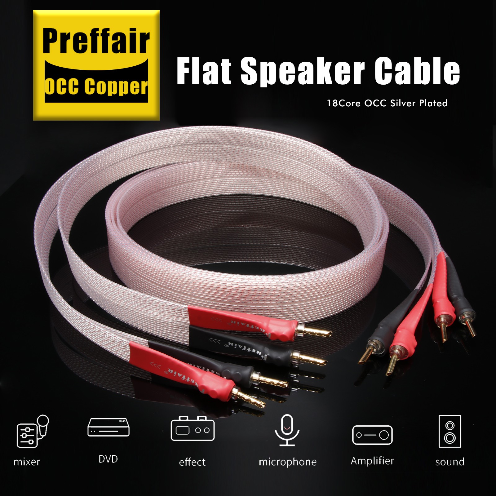 Pair OCC Silver Plated Audio Speaker Cable PTEE Ribbon Flat Interconnect Wire