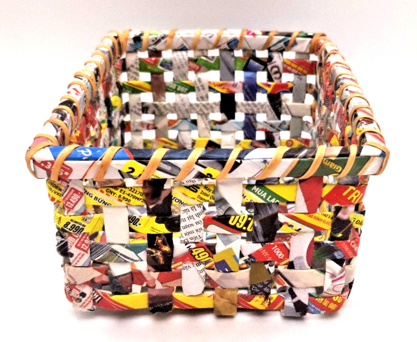 Handcrafted Recycled Magazines Rectangular Basket Artisan Upcycled Box 8.25"