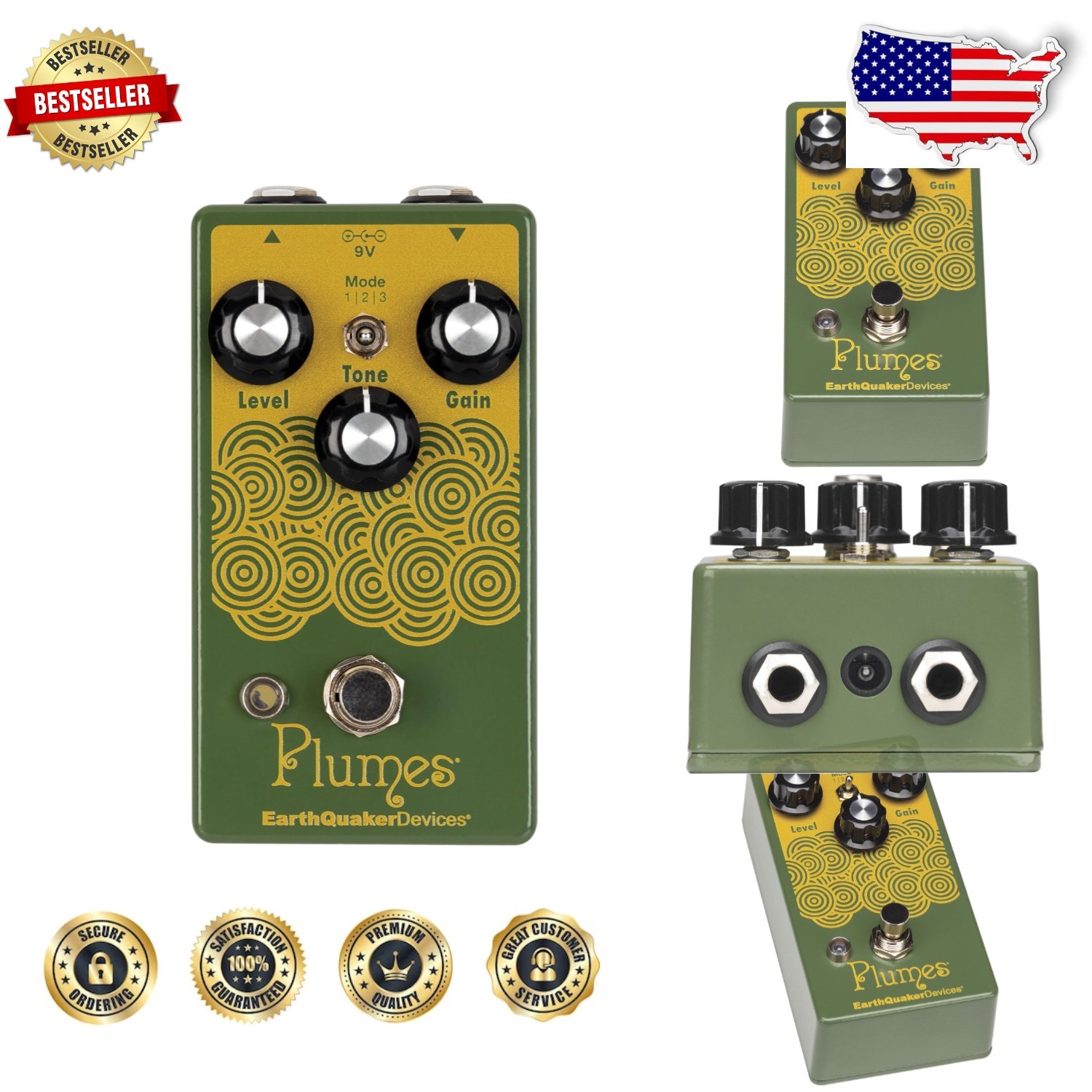 Analog Guitar Overdrive Pedal - Plumes, 9V, 3 Clipping Voices, High Headroom