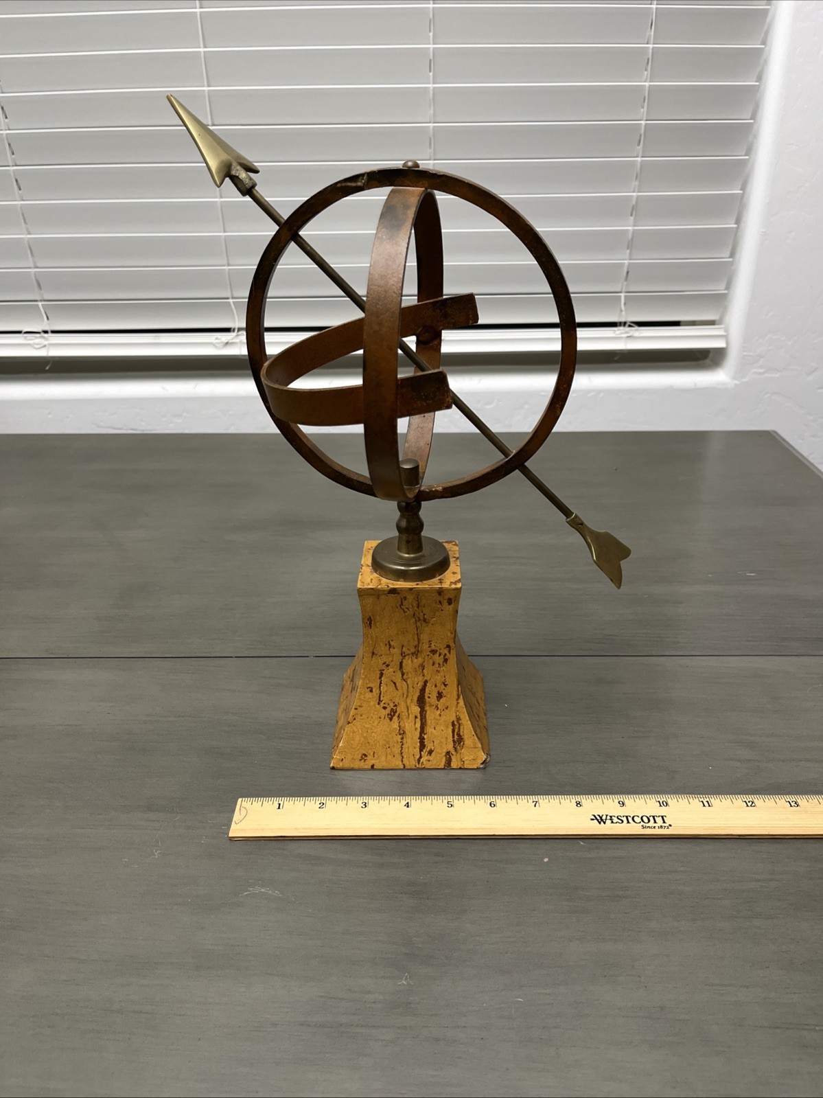 Vintage Metal Armillary Sphere Sculpture w/ Arrow on Stone Style Base