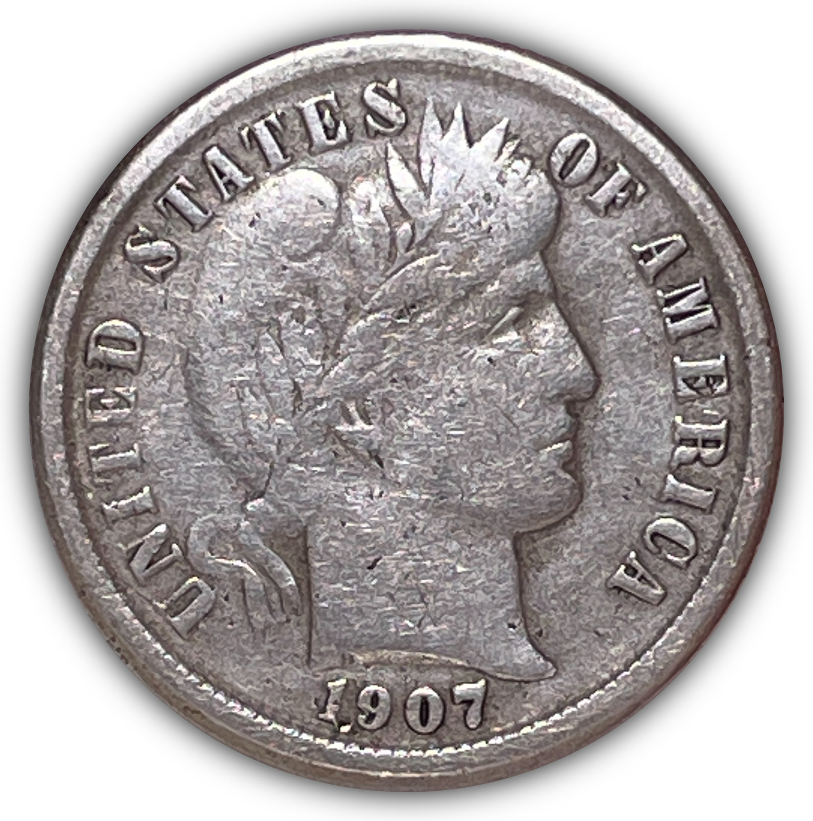 1907-O Barber Dime Silver Very Fine VF Coin, Old Cleaning #26573