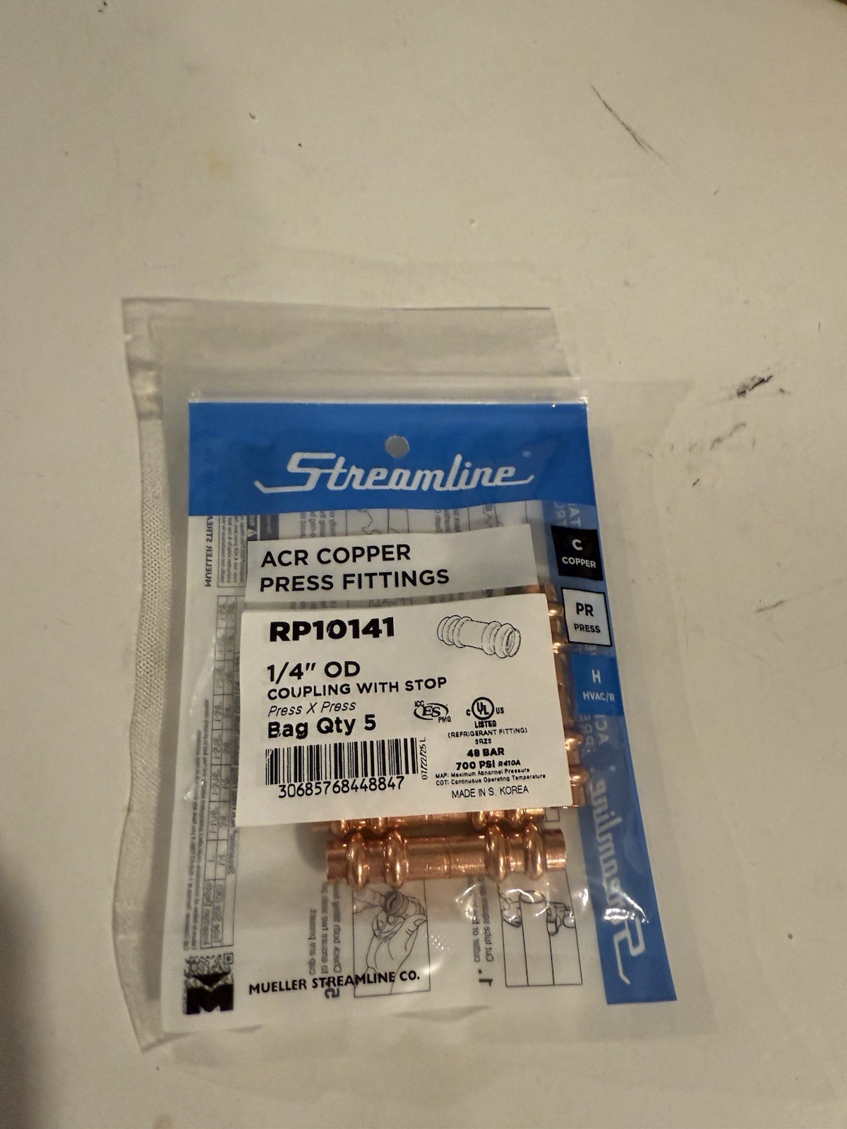 Streamline ACR Copper Press Fittings 1/4" - 5 Pcs per pack  - New