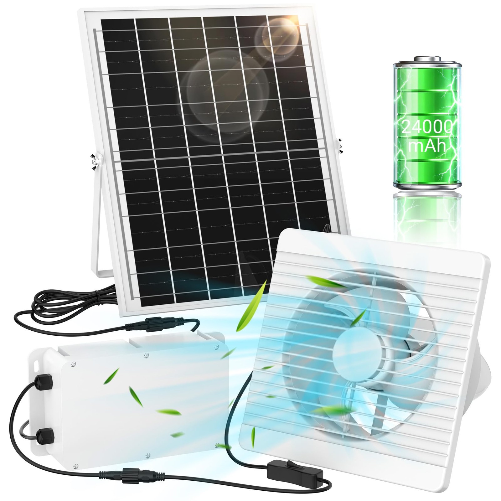 Solar Exhaust Fan 24000mAh, 25W 9.8" HighSpeed Low Noise Ventilation System