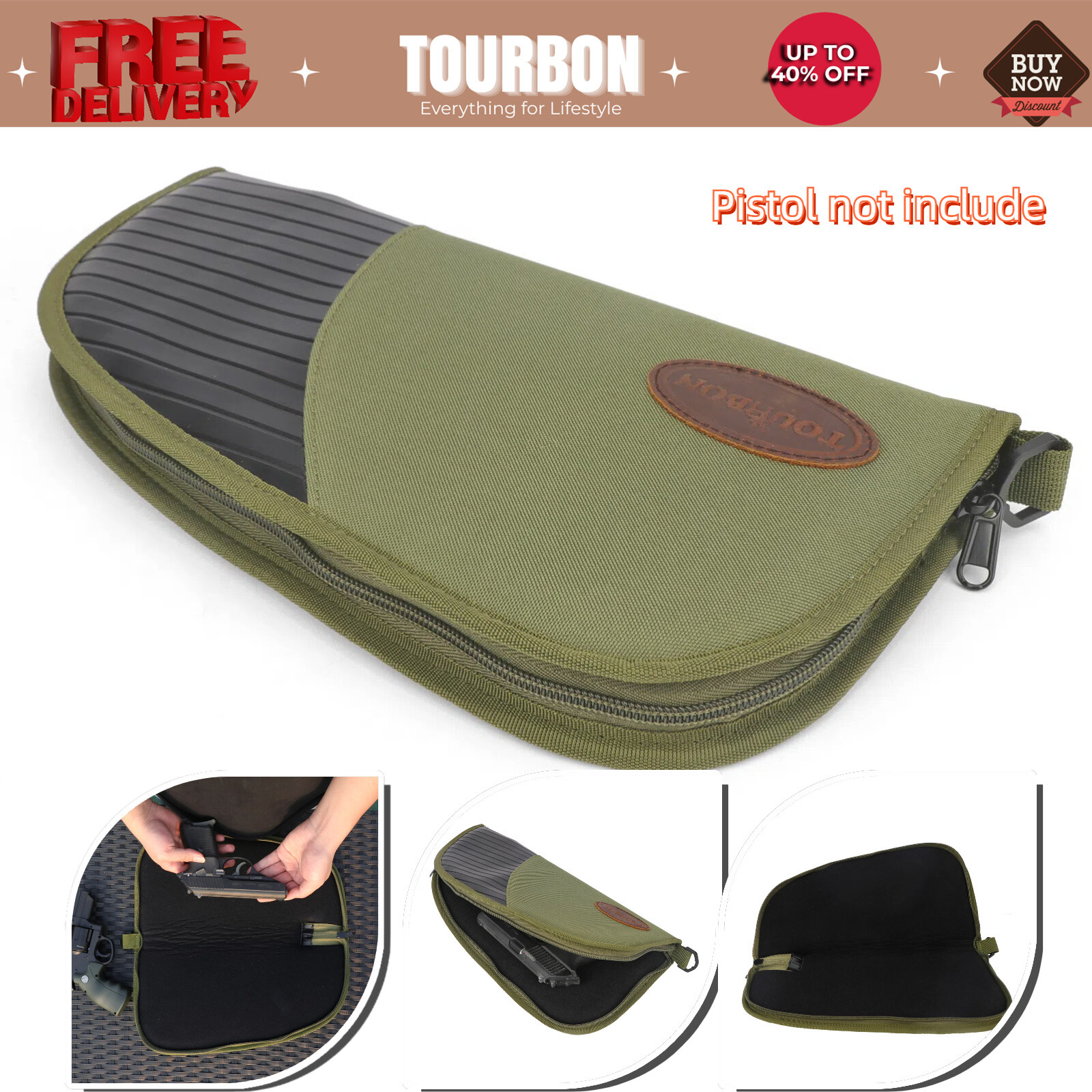 Tourbon Shooting 14in Pistol Zip Rug Case Padded Gun Storage Carry Bag in Nylon