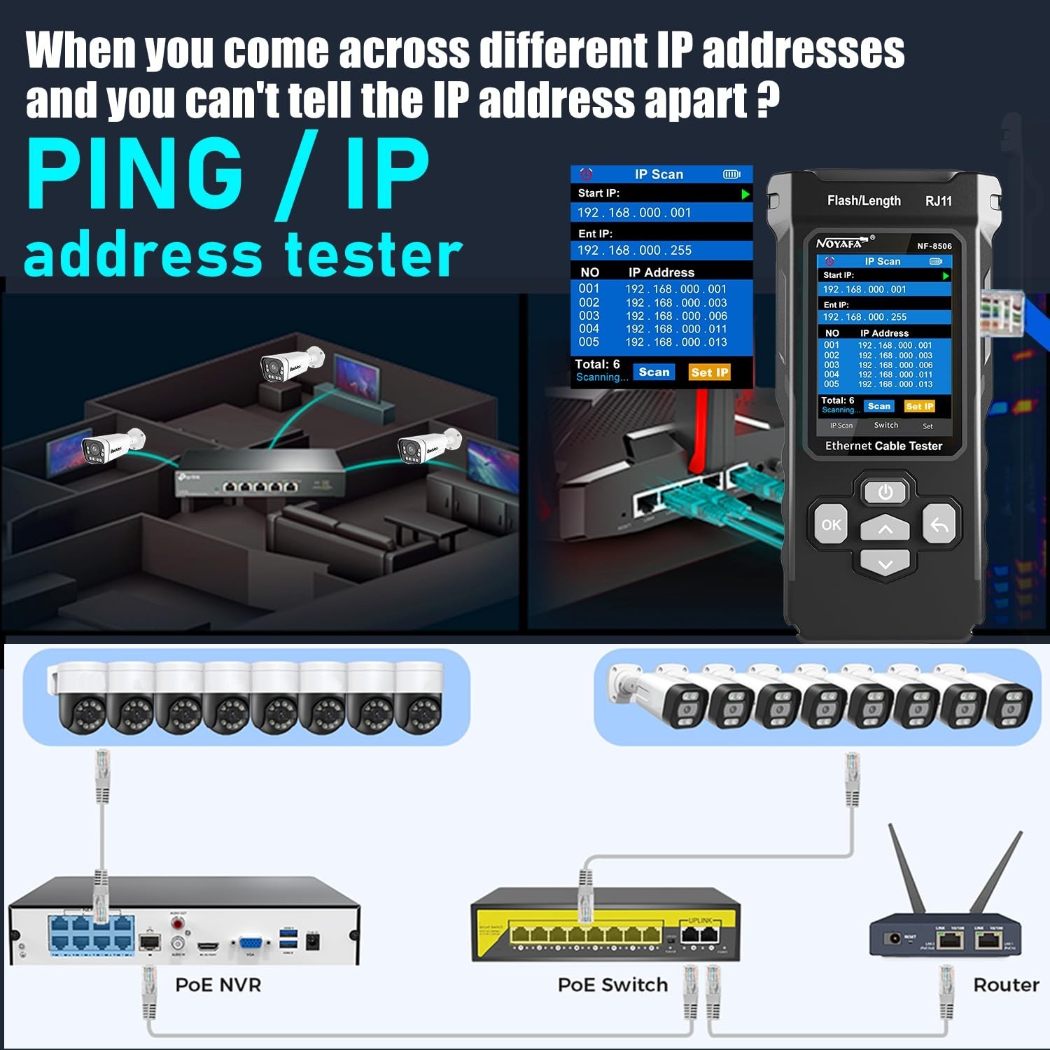 Handheld Network Cable Tester with Ping Function and Cable Length Measurement