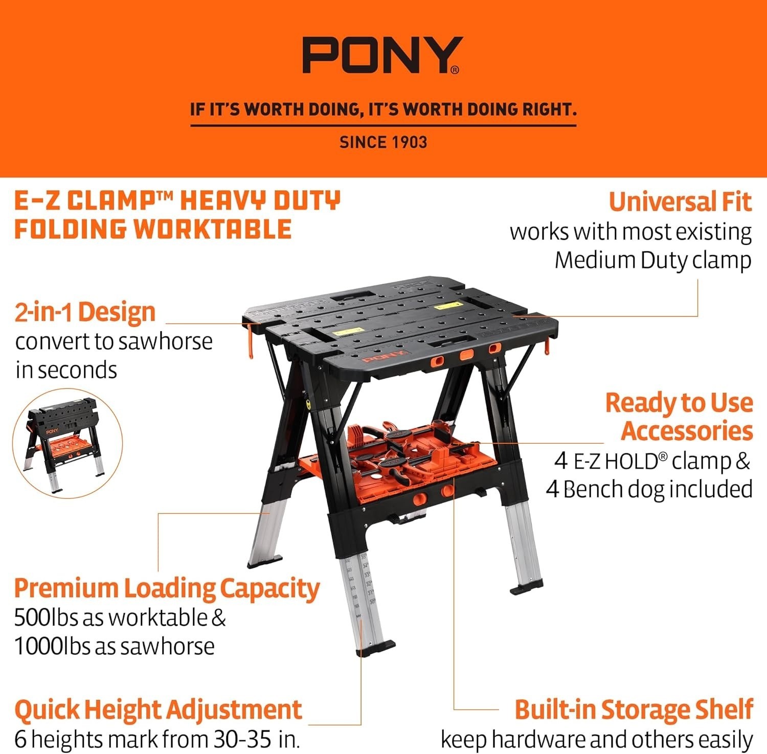 Pony Folding Work Table Sawhorse Workbench Adjustable w/ Clamps