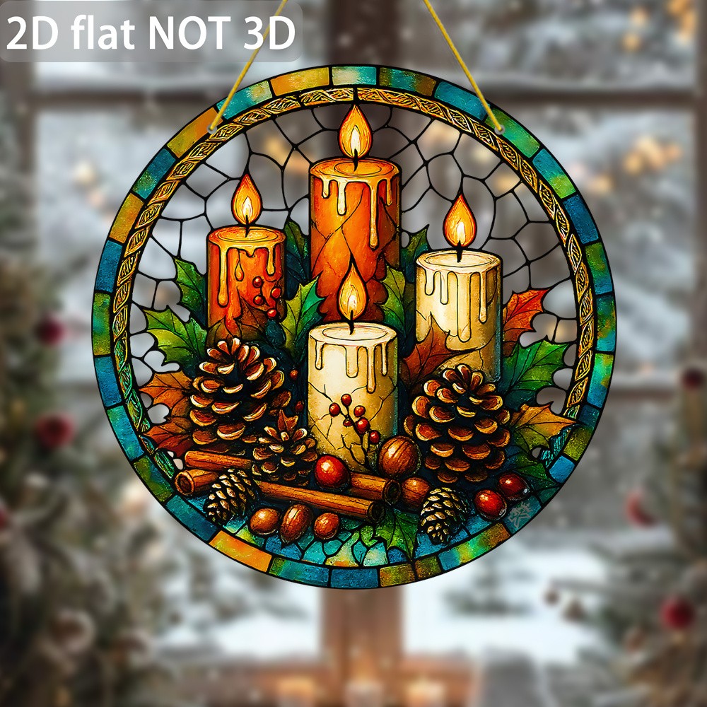 Christmas Festive Candle Pinecone Acrylic Sun Catcher Hanging Window Art Decor