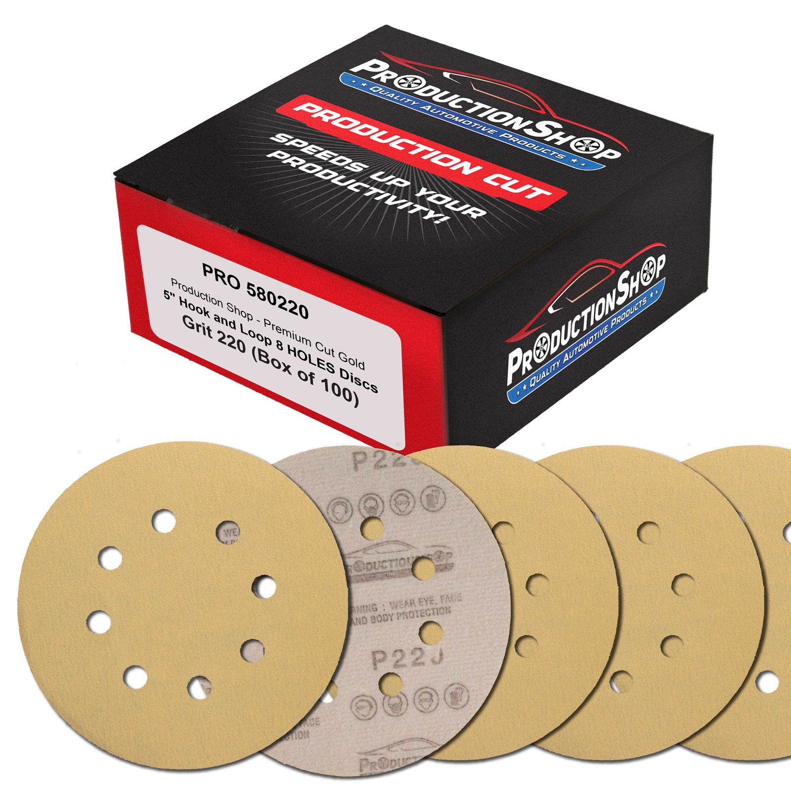 220 Grit 5" Sanding Discs, 8-Hole, Box of 100 - Dustless Hook & Loop Sandpaper